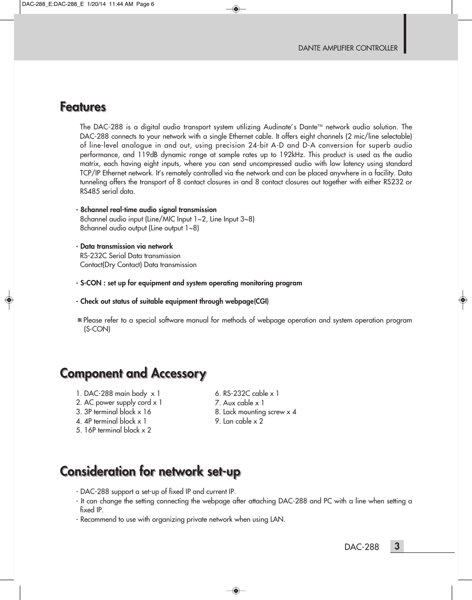 Features, Component and accessory, Consideration for network set-up | Inter-M DAC-288 User Manual | Page 5 / 16