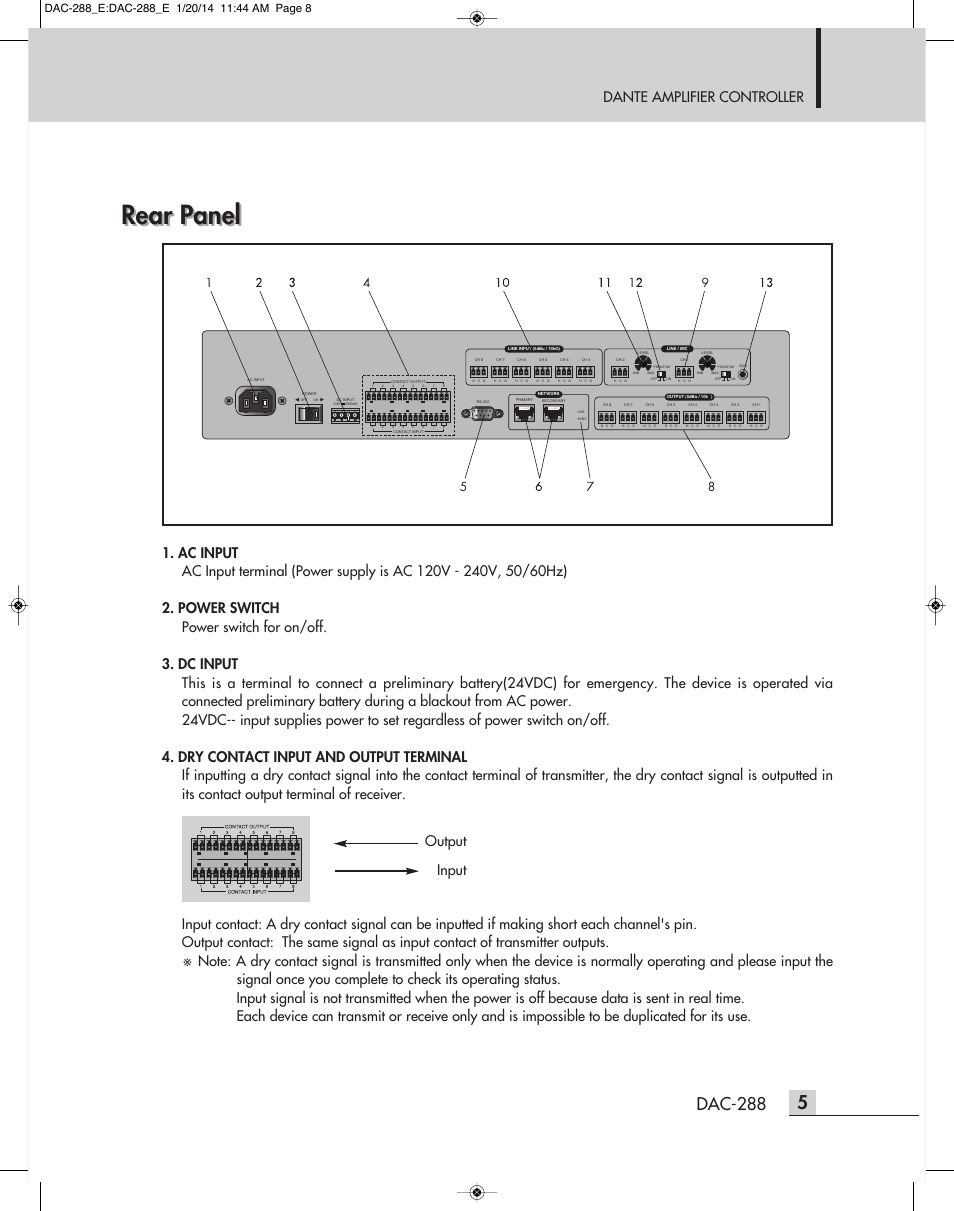 Rear panel, Dac-288, Dante amplifier controller | Output input | Inter-M DAC-288 User Manual | Page 7 / 16