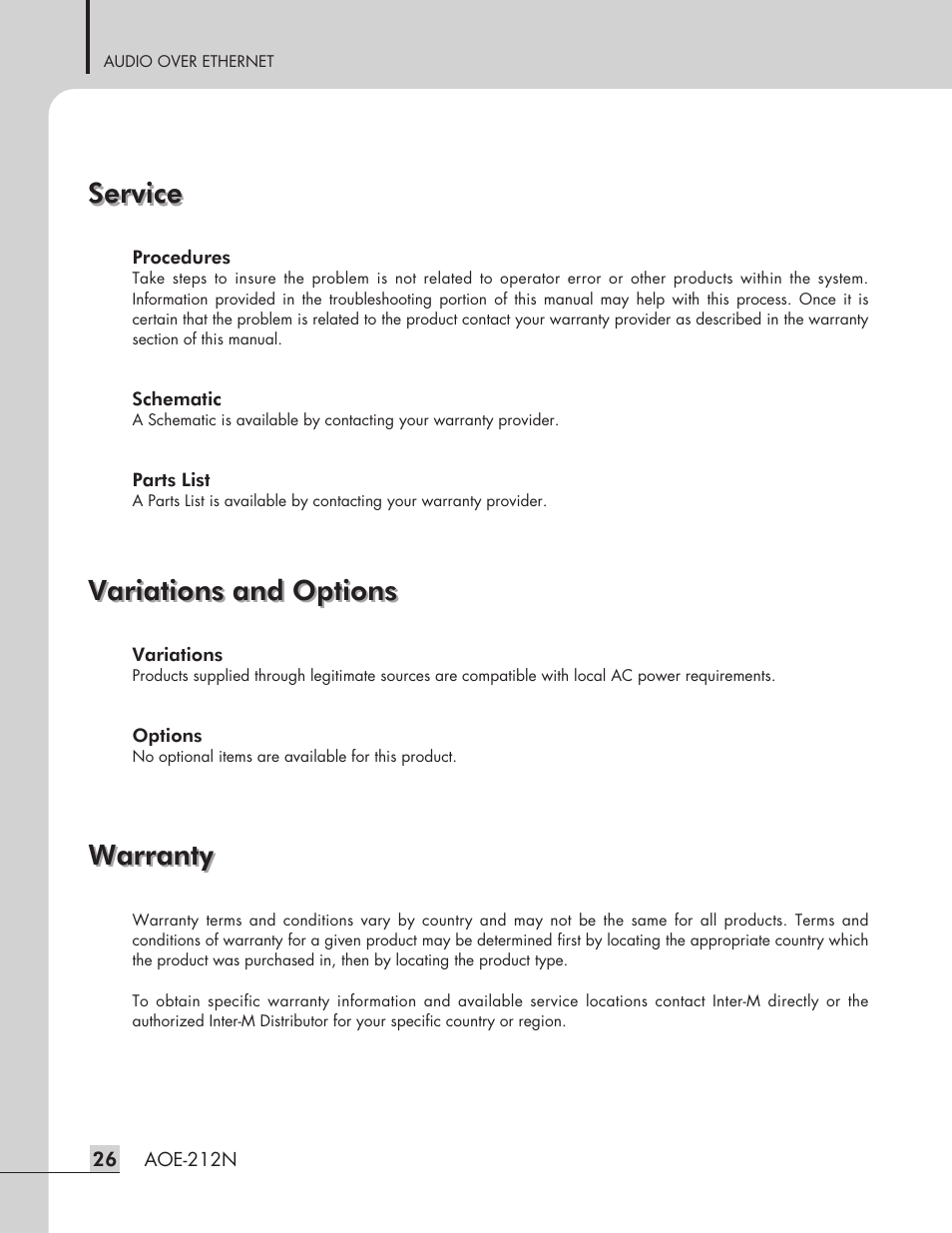Service, Variations and options, Warranty | Inter-M AOE-212N User Manual | Page 28 / 32