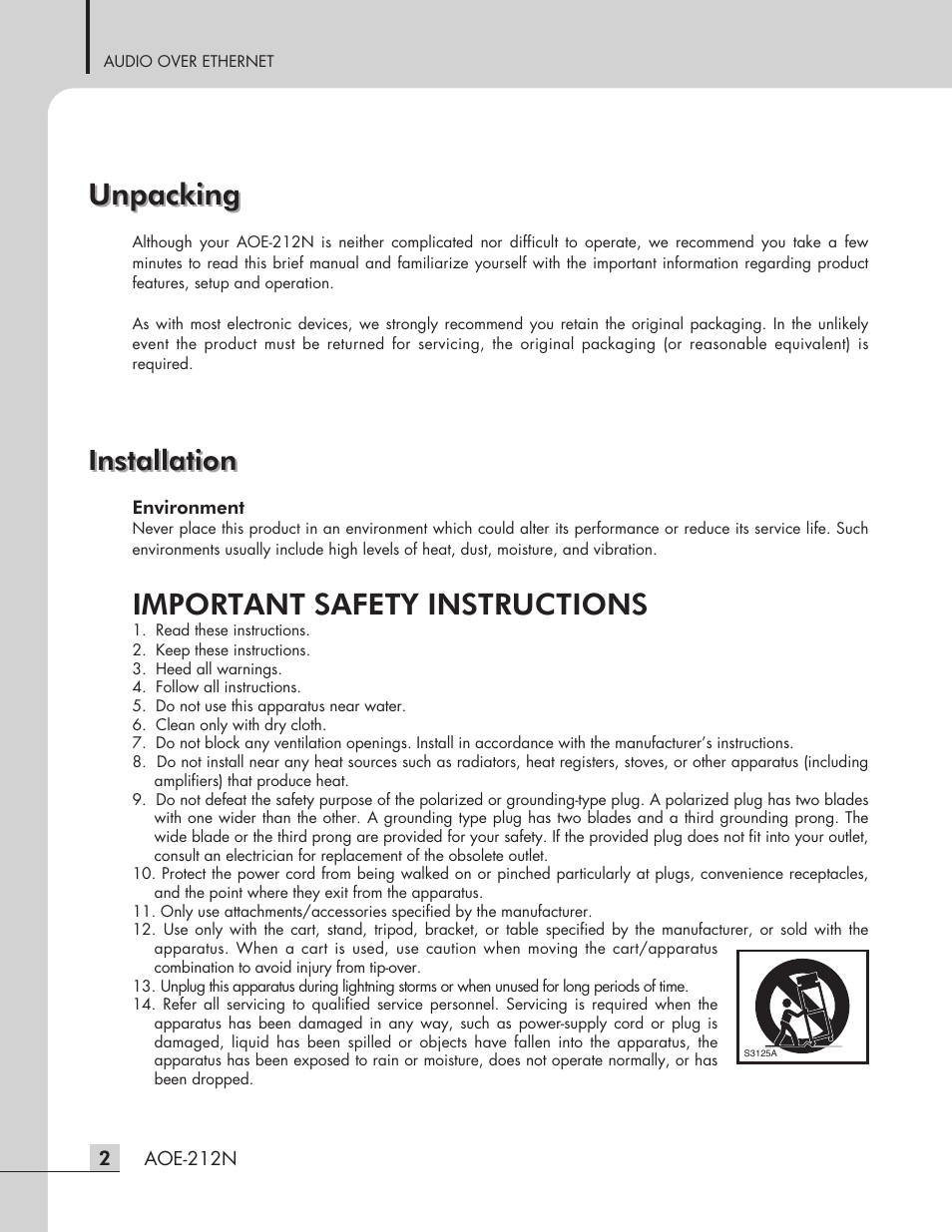 Unpacking, Important safety instructions, Installation | Inter-M AOE-212N User Manual | Page 4 / 32