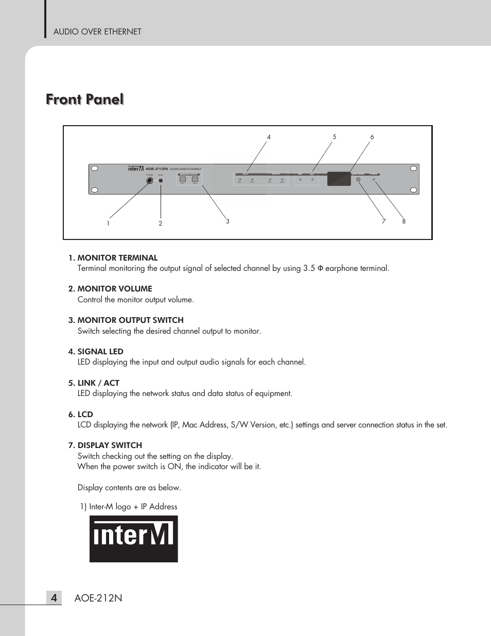 Front panel, Aoe-212n | Inter-M AOE-212N User Manual | Page 6 / 32