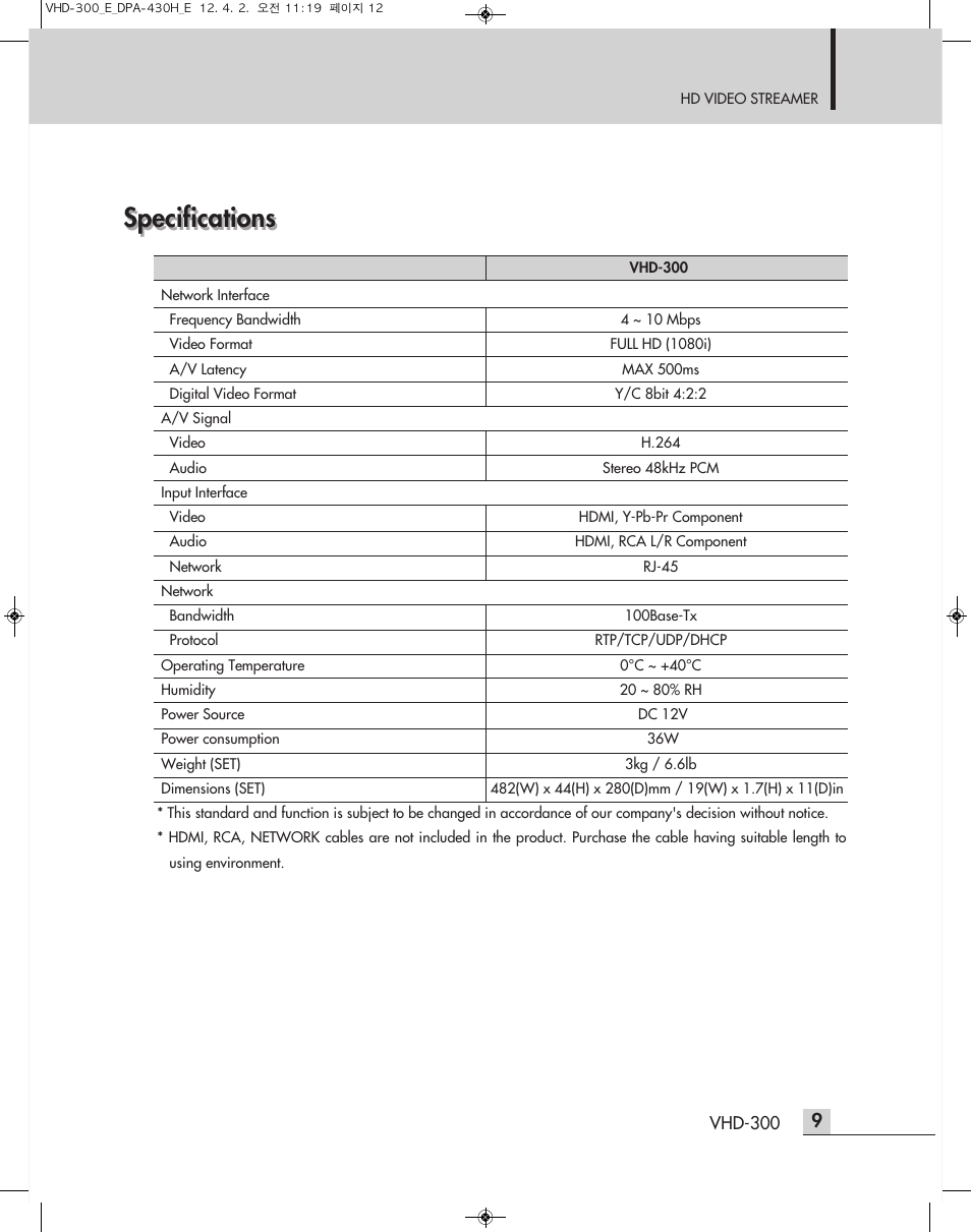 Specifications | Inter-M VHD-300 User Manual | Page 11 / 20