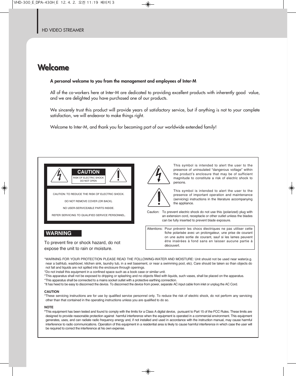 Welcome, Warning | Inter-M VHD-300 User Manual | Page 2 / 20