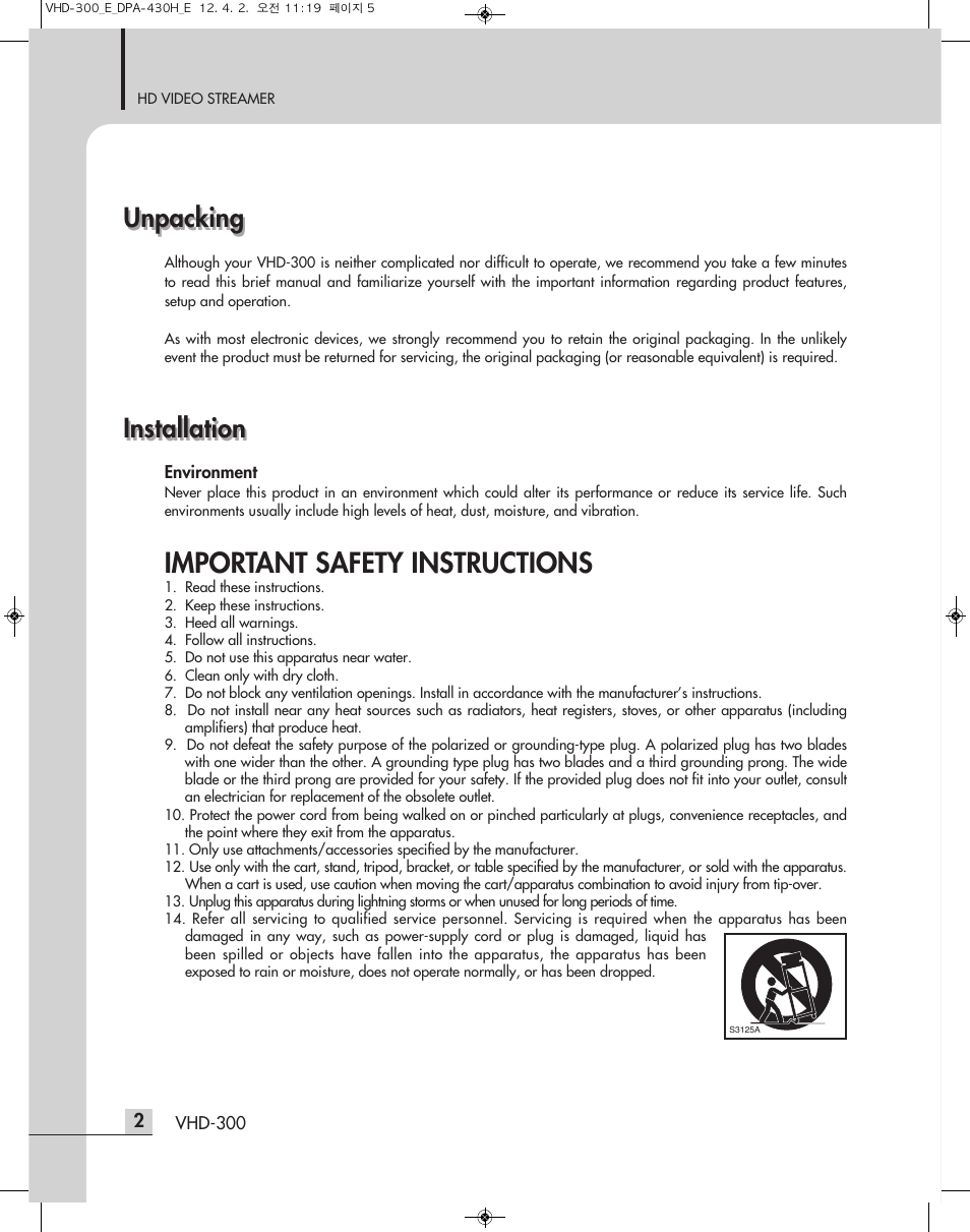 Important safety instructions, Installation unpacking unpacking, Installation | Inter-M VHD-300 User Manual | Page 4 / 20