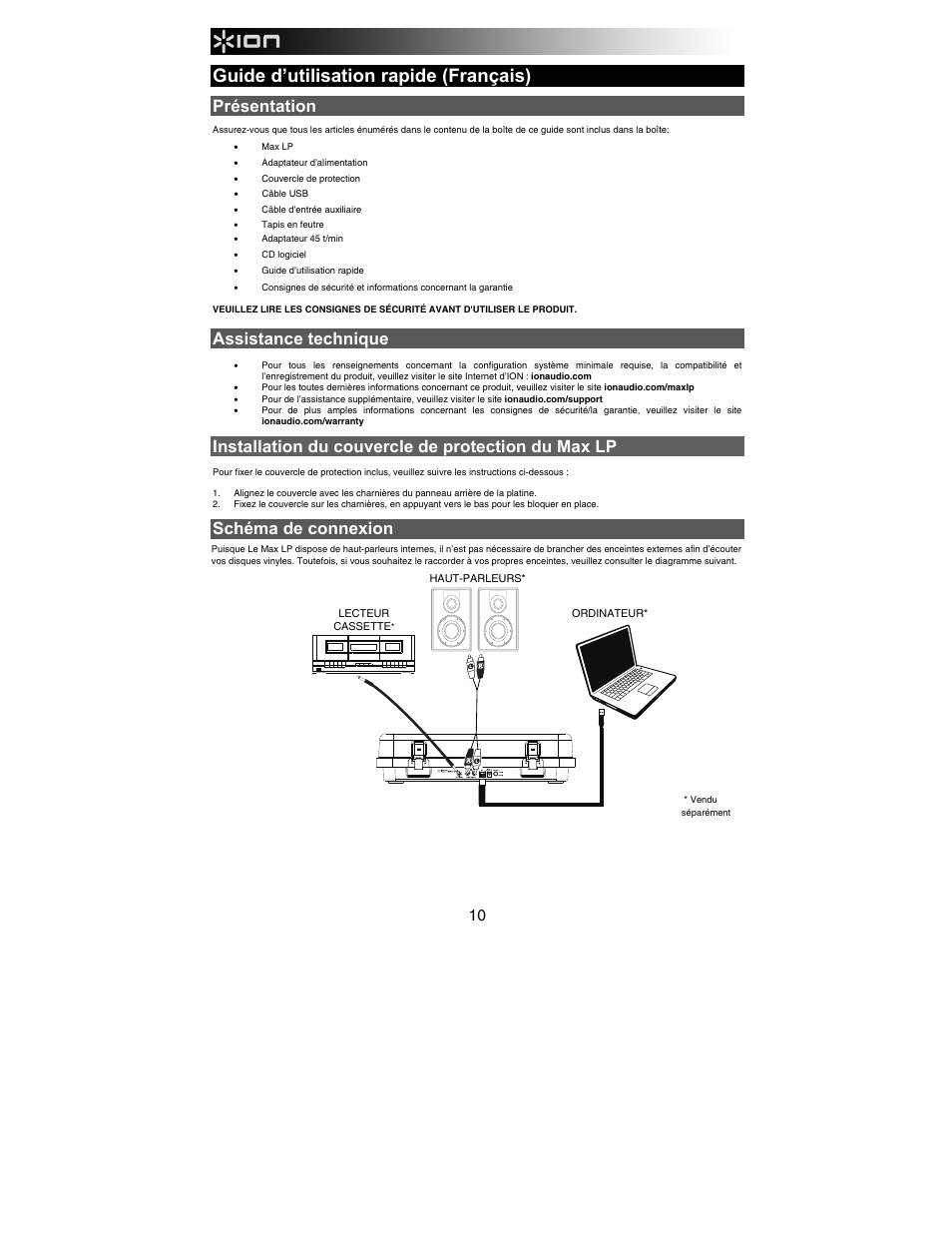 Guide d’utilisation rapide (français), Présentation, Assistance technique | Installation du couvercle de protection du max lp, Schéma de connexion | ION Audio Max LP User Manual | Page 10 / 28