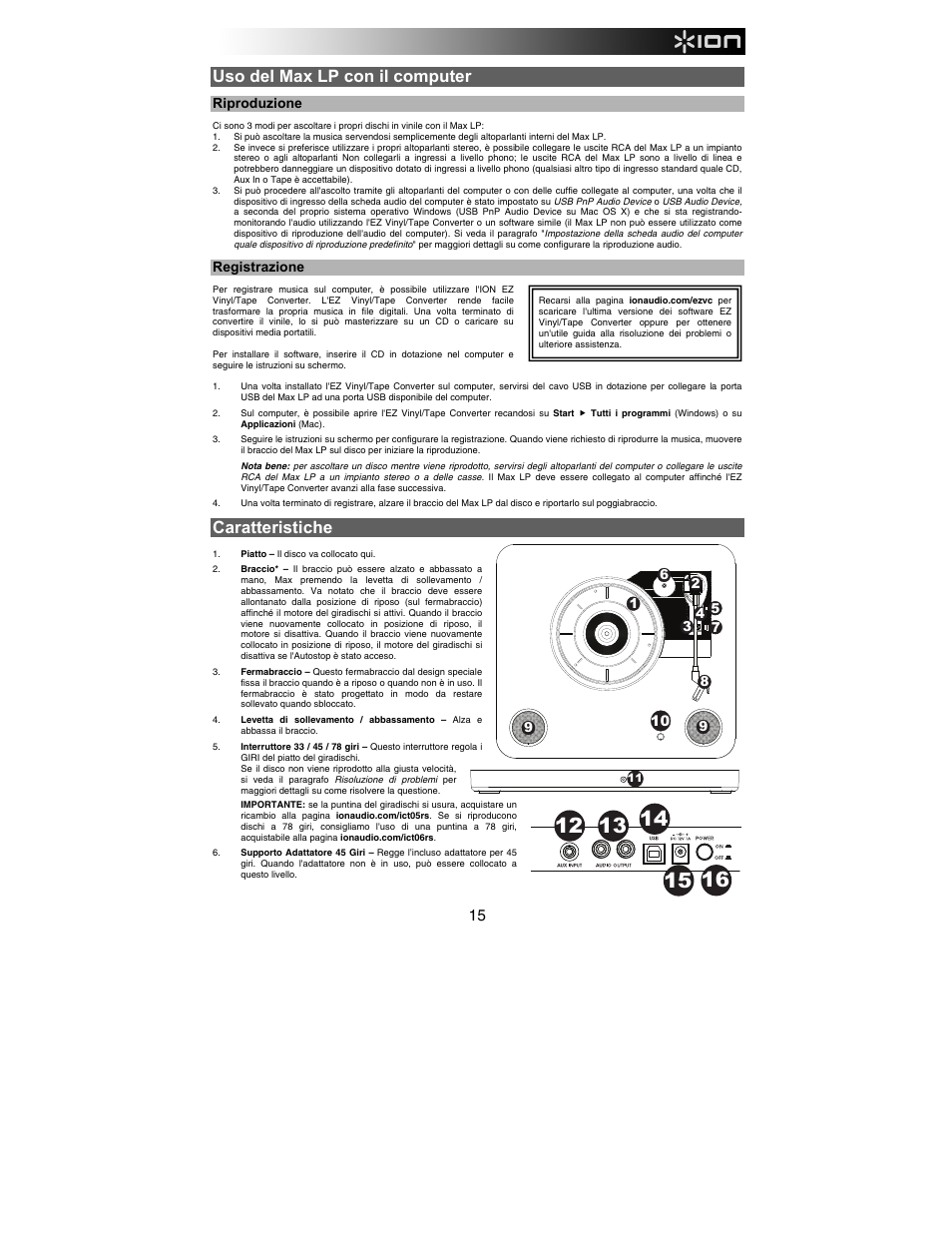 Uso del max lp con il computer, Caratteristiche, Riproduzione | Registrazione | ION Audio Max LP User Manual | Page 15 / 28