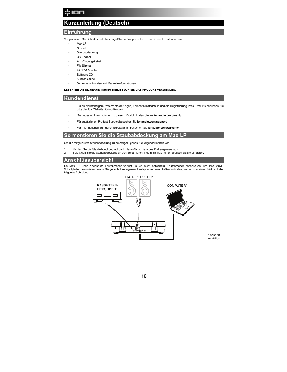 Kurzanleitung (deutsch), Einführung, Kundendienst | So montieren sie die staubabdeckung am max lp, Anschlüssubersicht | ION Audio Max LP User Manual | Page 18 / 28