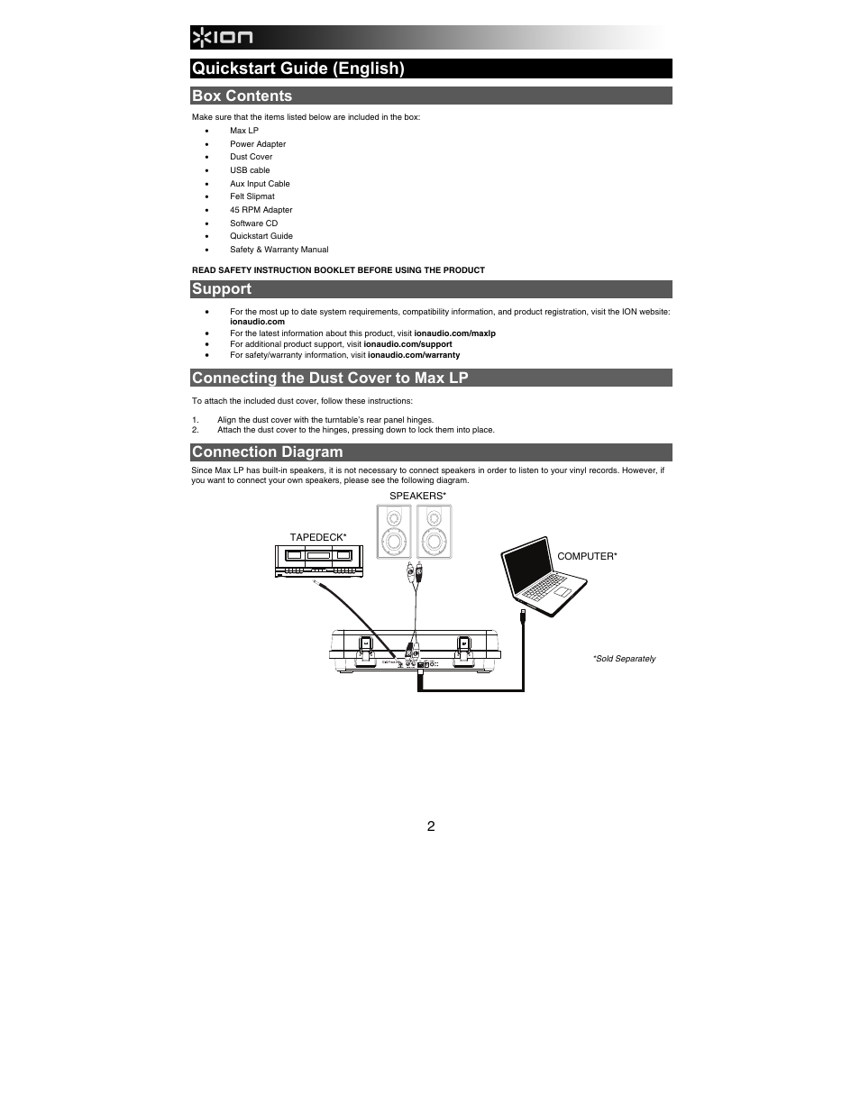 Quickstart guide (english), Box contents, Support | Connecting the dust cover to max lp, Connection diagram | ION Audio Max LP User Manual | Page 2 / 28