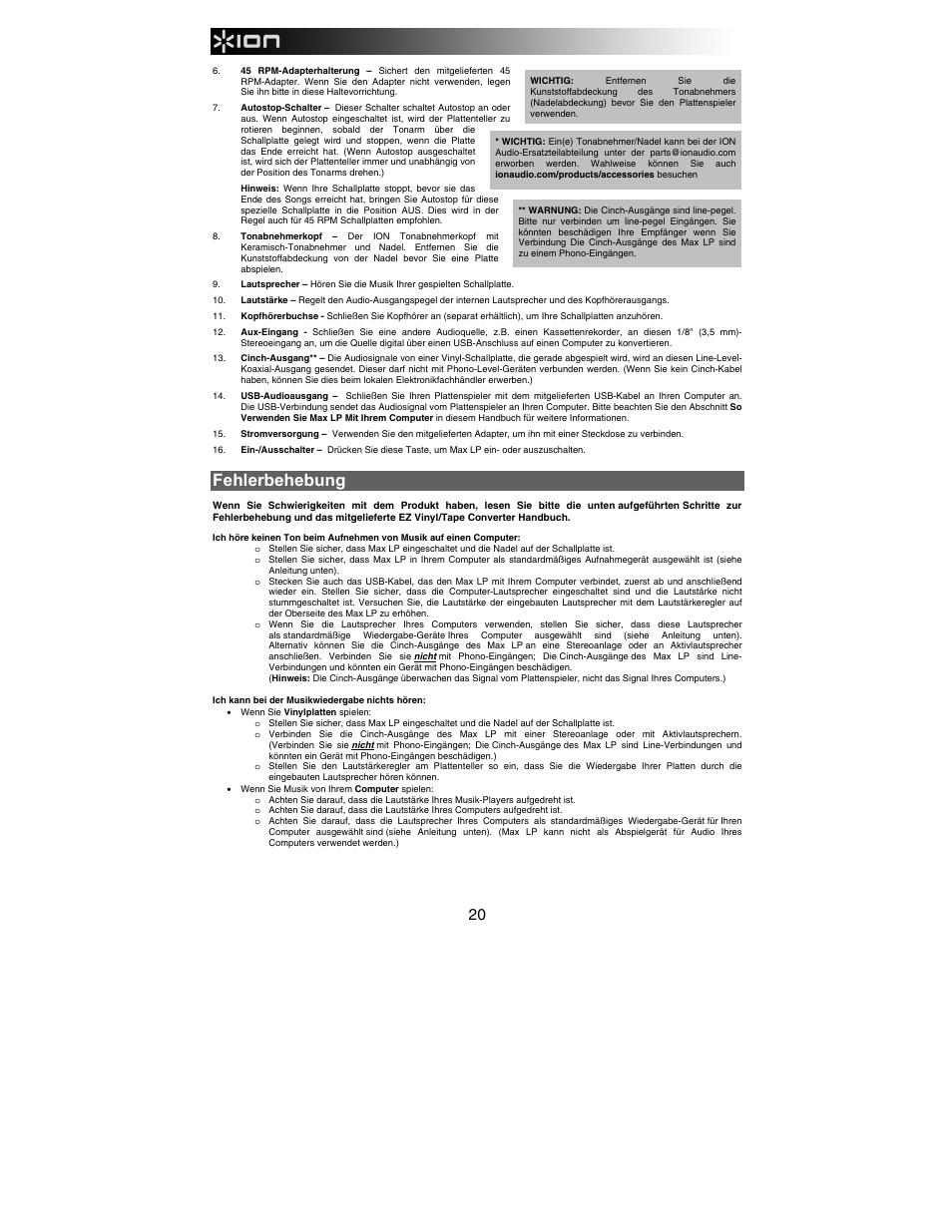 Fehlerbehebung | ION Audio Max LP User Manual | Page 20 / 28