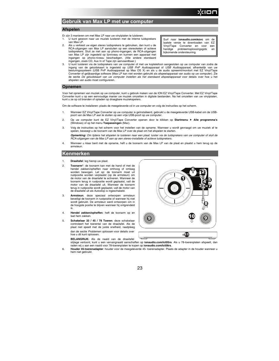 Gebruik van max lp met uw computer, Kenmerken, Afspelen | Opnemen | ION Audio Max LP User Manual | Page 23 / 28