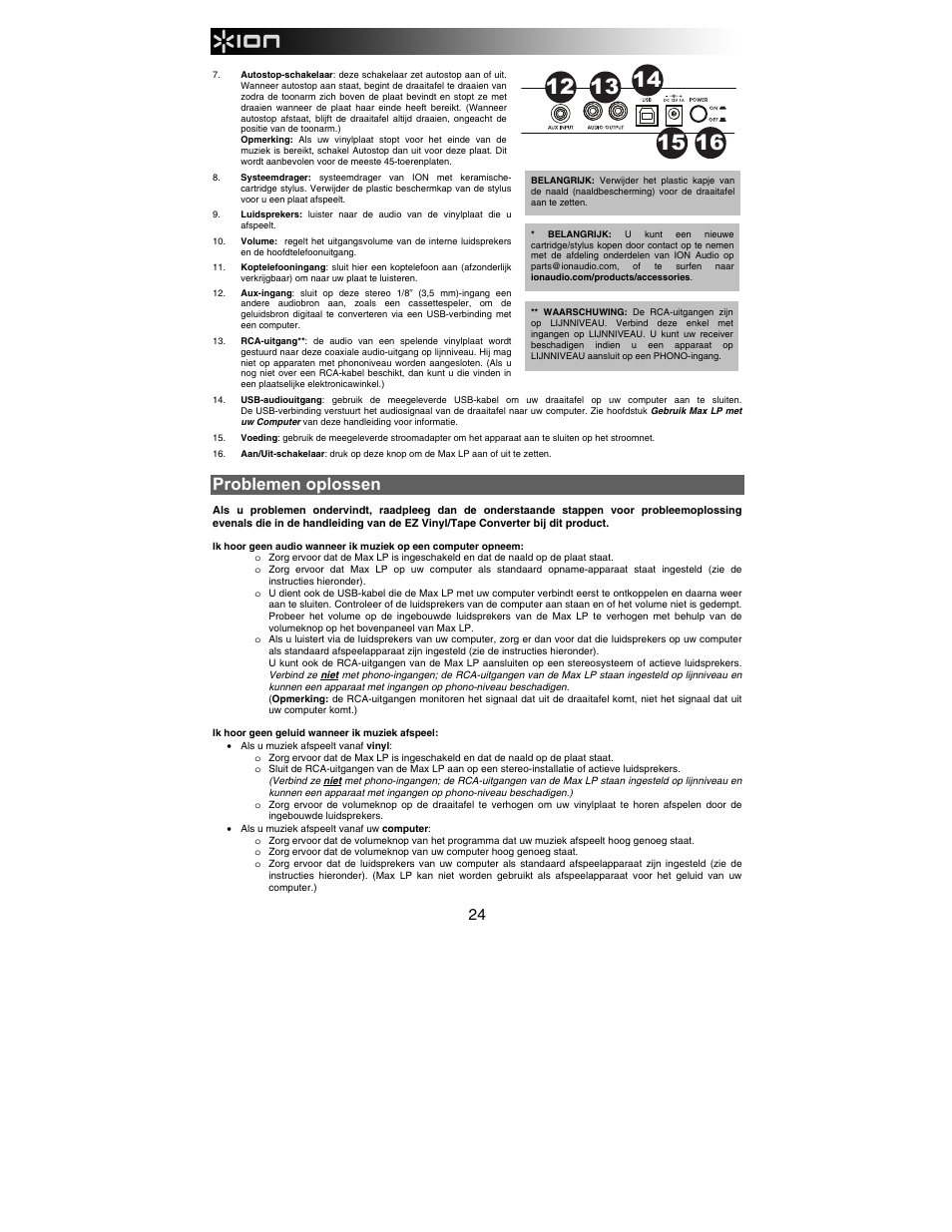 Problemen oplossen | ION Audio Max LP User Manual | Page 24 / 28