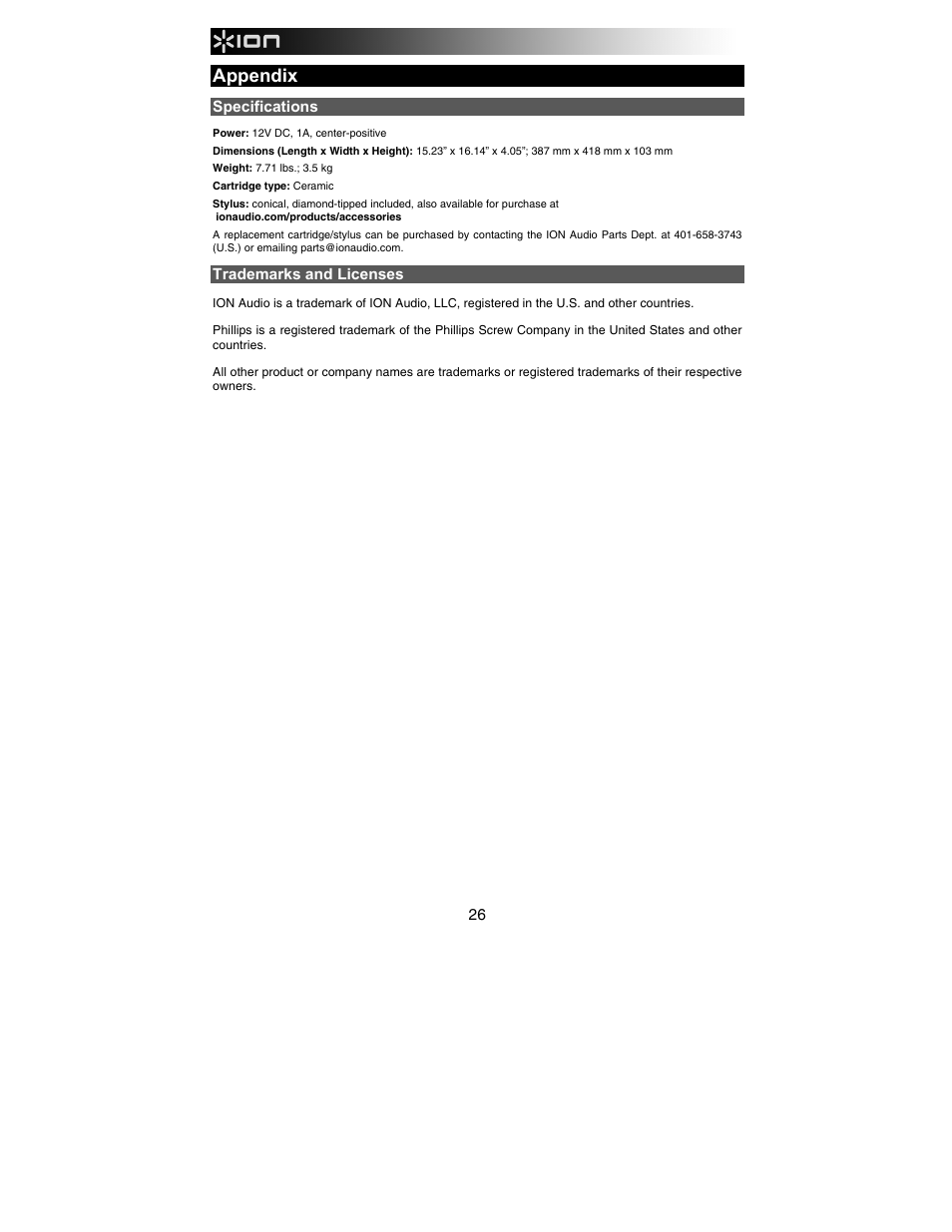 Appendix, Specifications, Trademarks and licenses | ION Audio Max LP User Manual | Page 26 / 28