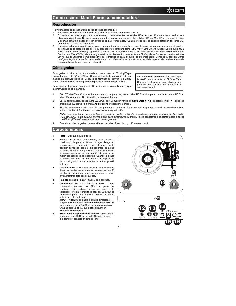 Cómo usar el max lp con su computadora, Características, Reproducción | Cómo grabar | ION Audio Max LP User Manual | Page 7 / 28