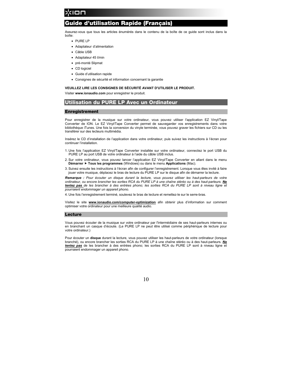 Guide d’utilisation rapide (français), Utilisation du pure lp avec un ordinateur | ION Audio Pure LP User Manual | Page 10 / 36