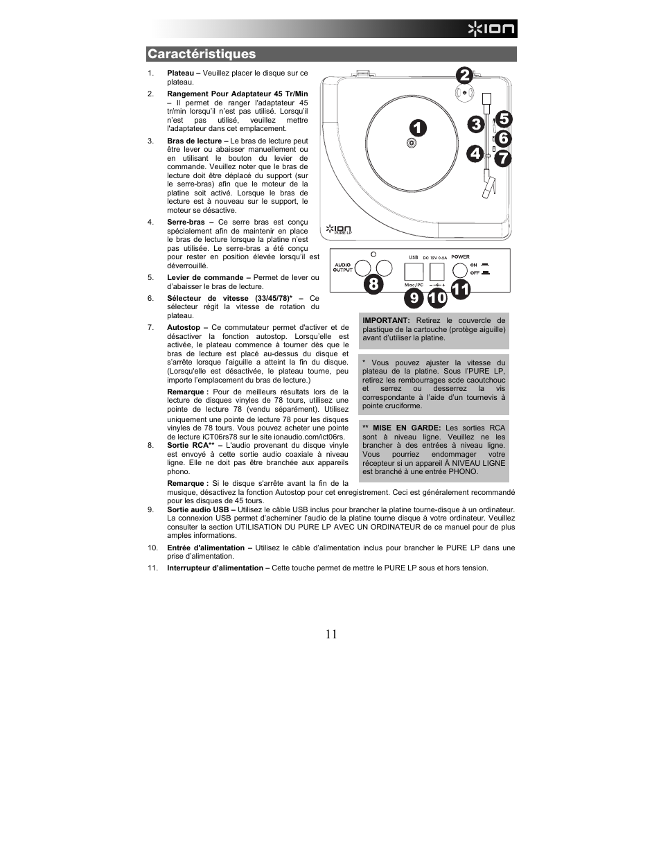 Caractéristiques | ION Audio Pure LP User Manual | Page 11 / 36