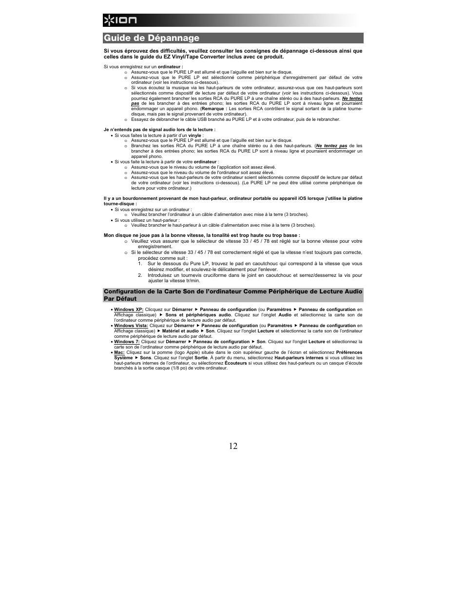 Guide de dépannage | ION Audio Pure LP User Manual | Page 12 / 36