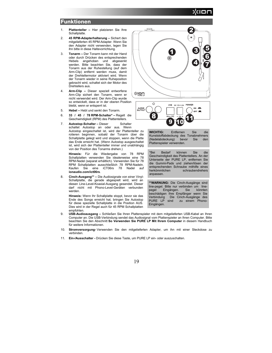 Funktionen | ION Audio Pure LP User Manual | Page 19 / 36