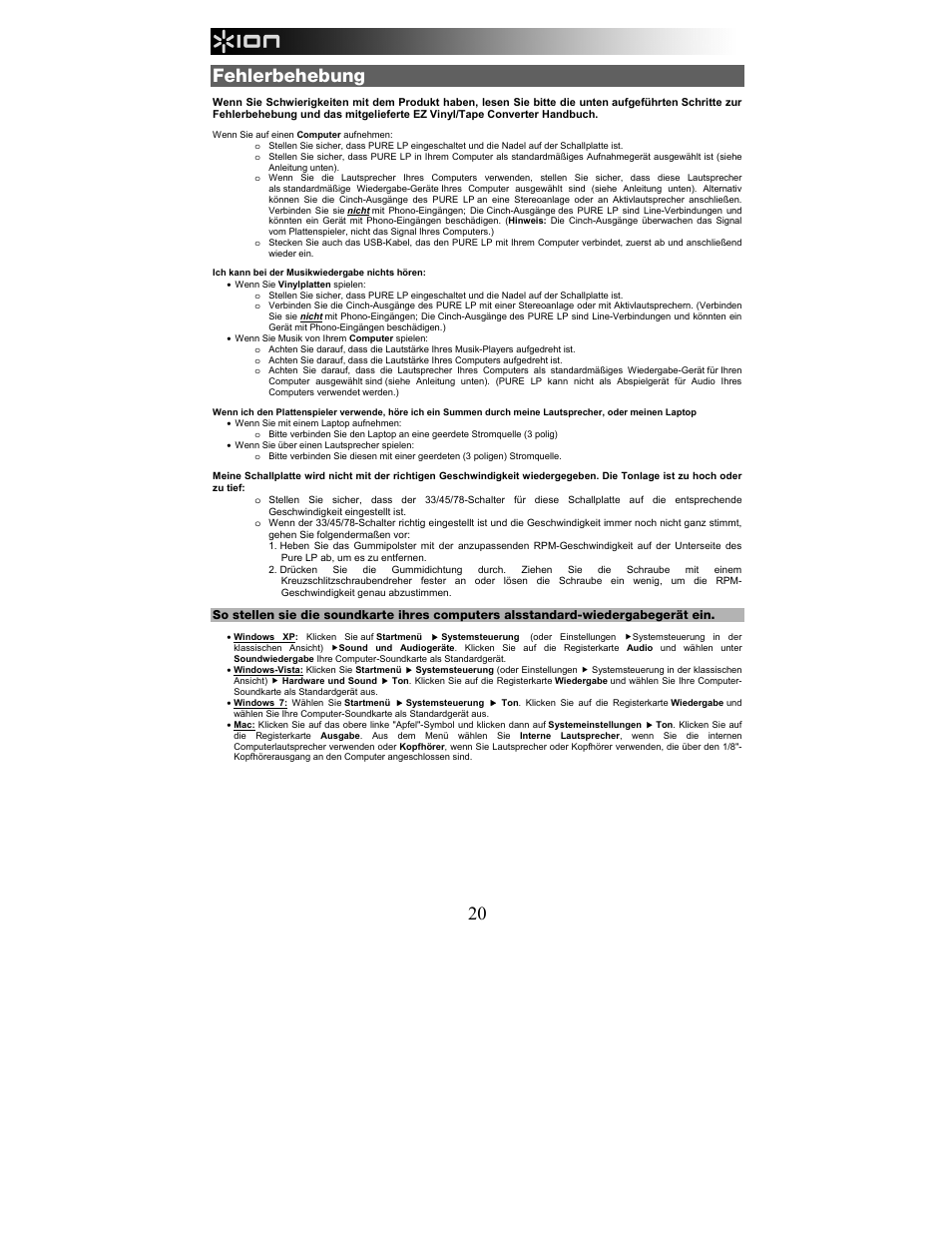 Fehlerbehebung | ION Audio Pure LP User Manual | Page 20 / 36