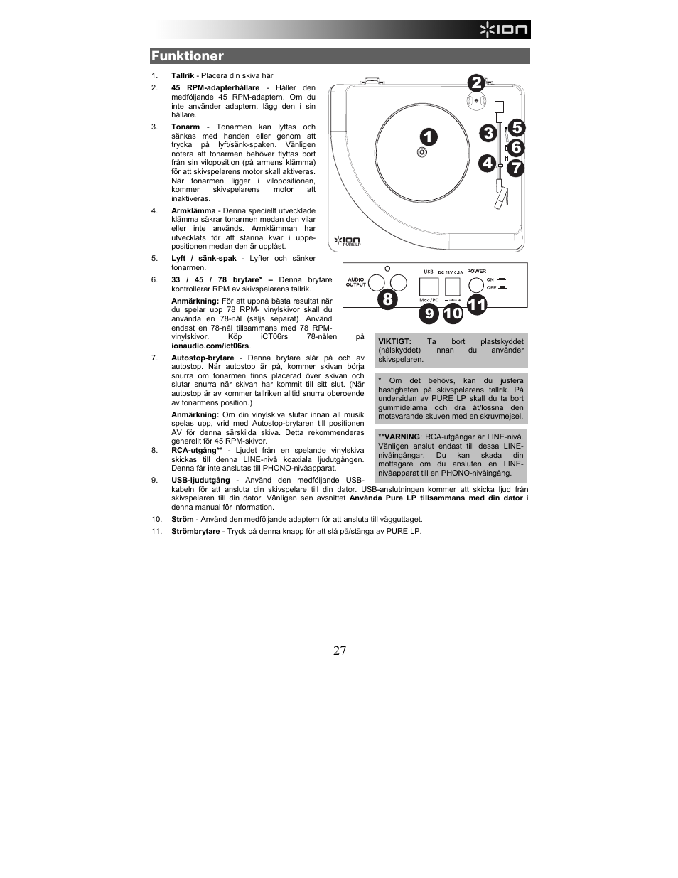 Funktioner | ION Audio Pure LP User Manual | Page 27 / 36