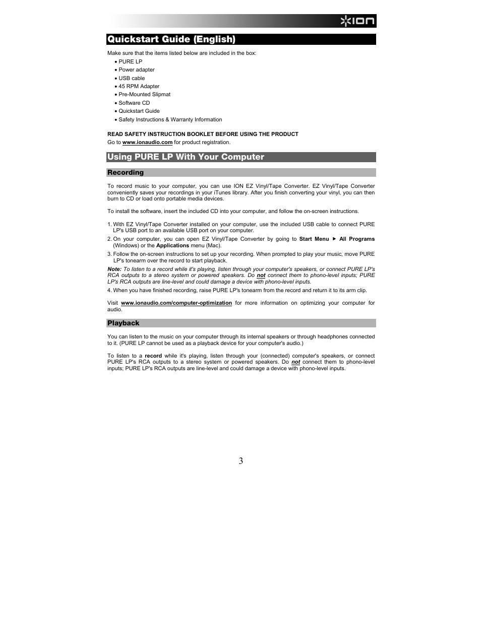 Quickstart guide (english), Using pure lp with your computer | ION Audio Pure LP User Manual | Page 3 / 36