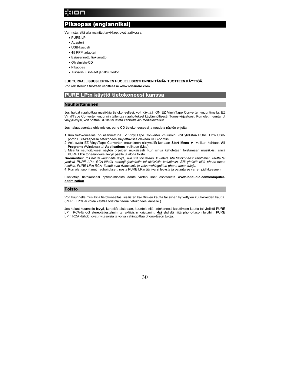 Pikaopas (englanniksi), Pure lp:n käyttö tietokoneesi kanssa | ION Audio Pure LP User Manual | Page 30 / 36