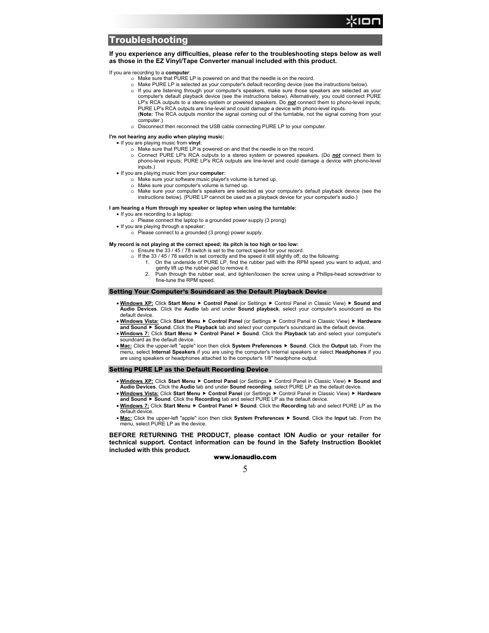 Troubleshooting | ION Audio Pure LP User Manual | Page 5 / 36