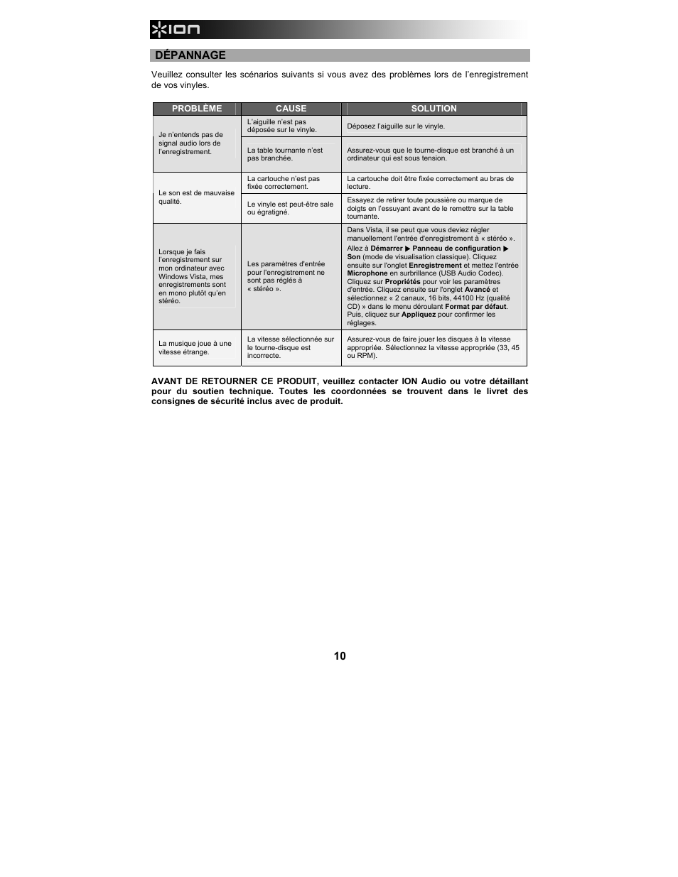 Dépannage | ION Audio LP 2 Go User Manual | Page 10 / 20