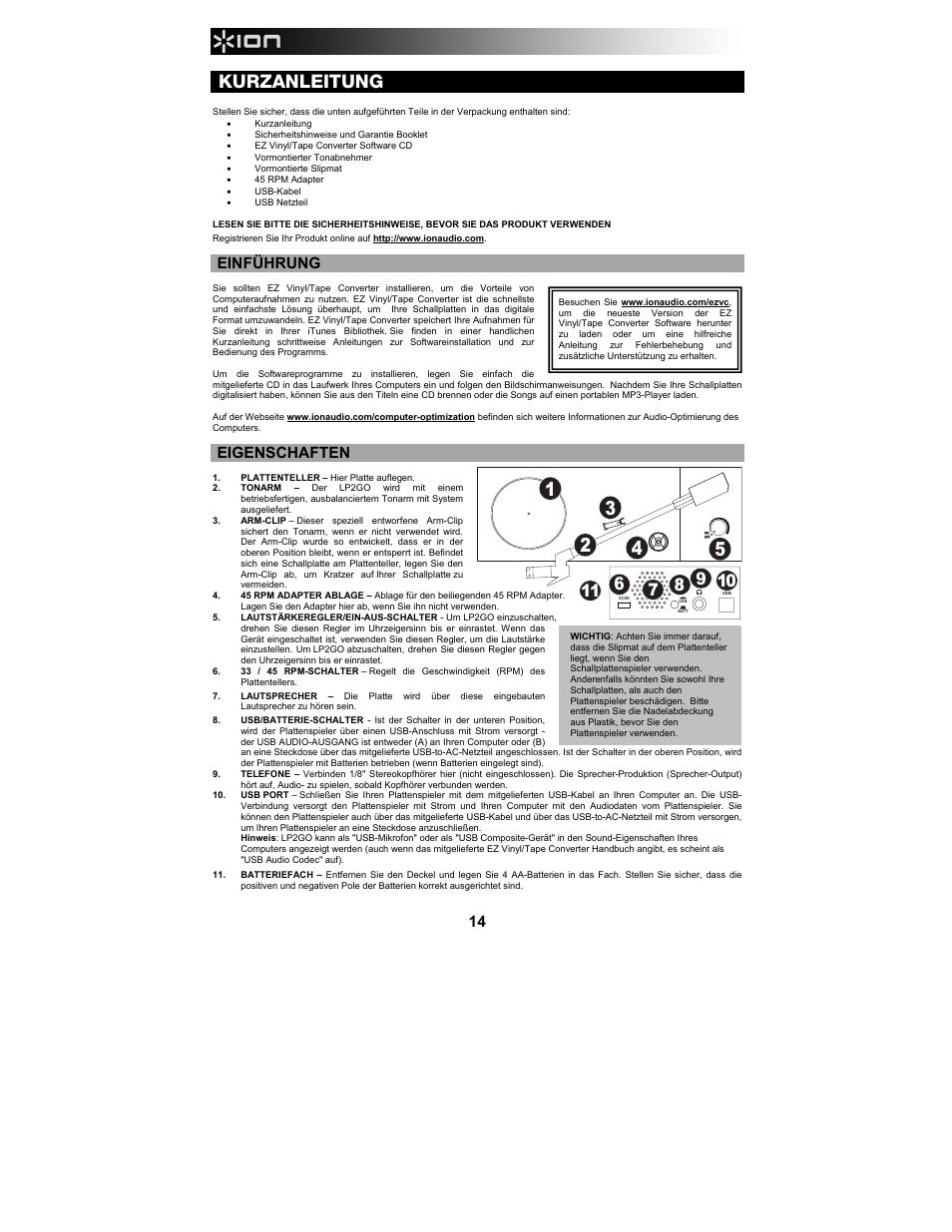 Kurzanleitung, Einführung, Eigenschaften | ION Audio LP 2 Go User Manual | Page 14 / 20