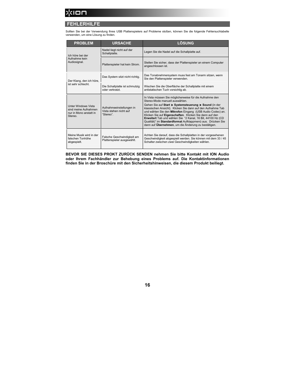Fehlerhilfe | ION Audio LP 2 Go User Manual | Page 16 / 20