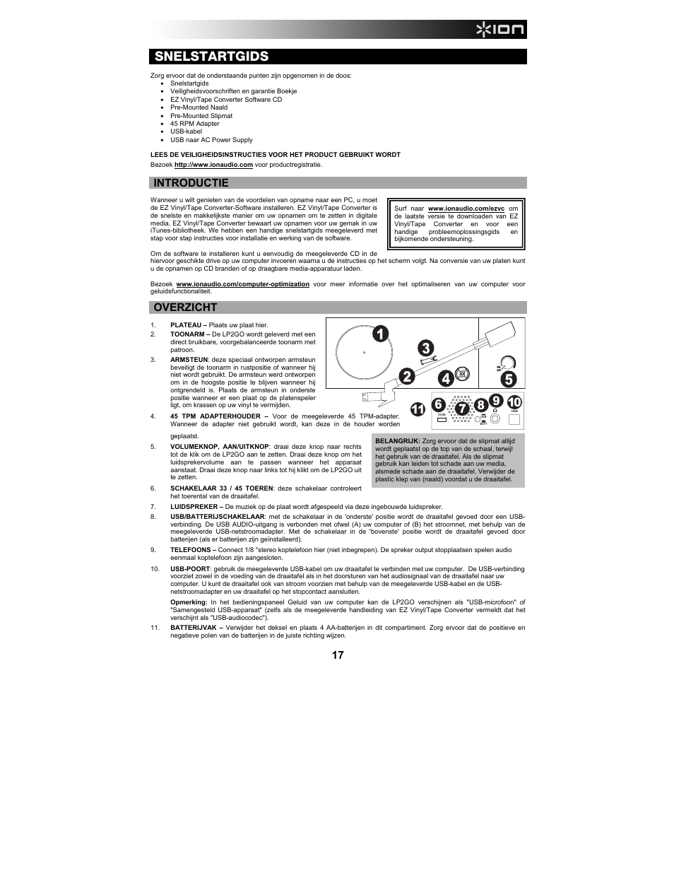 Snelstartgids, Introductie, Overzicht | ION Audio LP 2 Go User Manual | Page 17 / 20