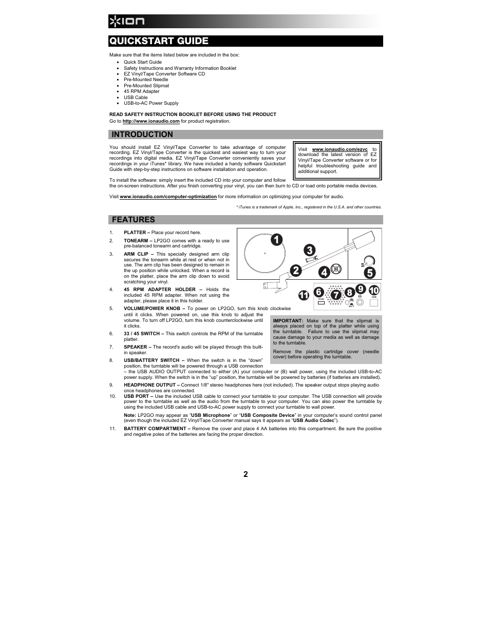 Quickstart guide, Introduction, Features | ION Audio LP 2 Go User Manual | Page 2 / 20