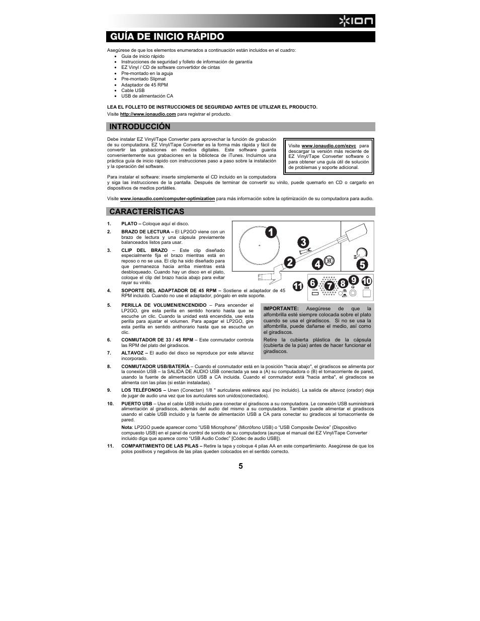 Guía de inicio rápido, Introducción, Características | ION Audio LP 2 Go User Manual | Page 5 / 20