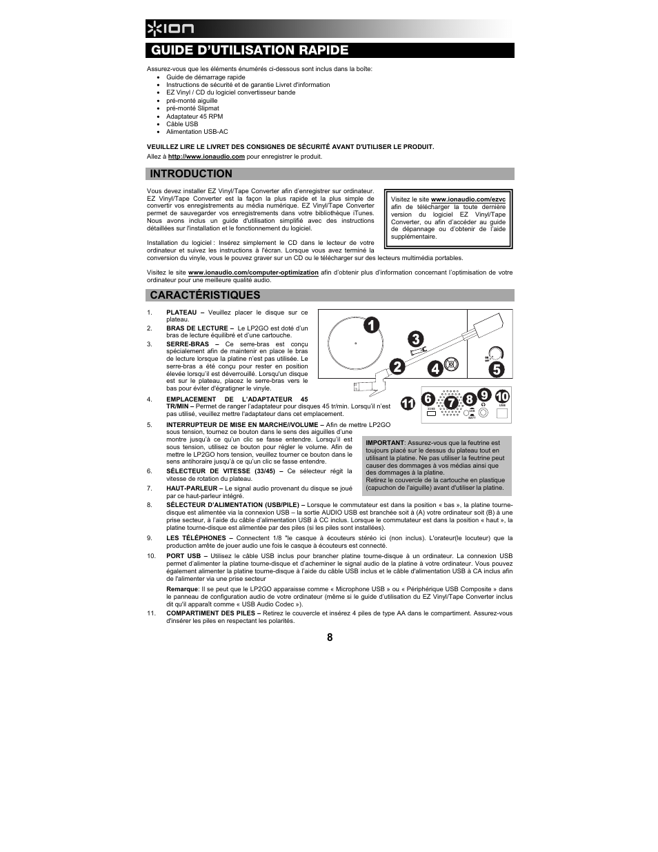Guide d’utilisation rapide, Introduction, Caractéristiques | ION Audio LP 2 Go User Manual | Page 8 / 20