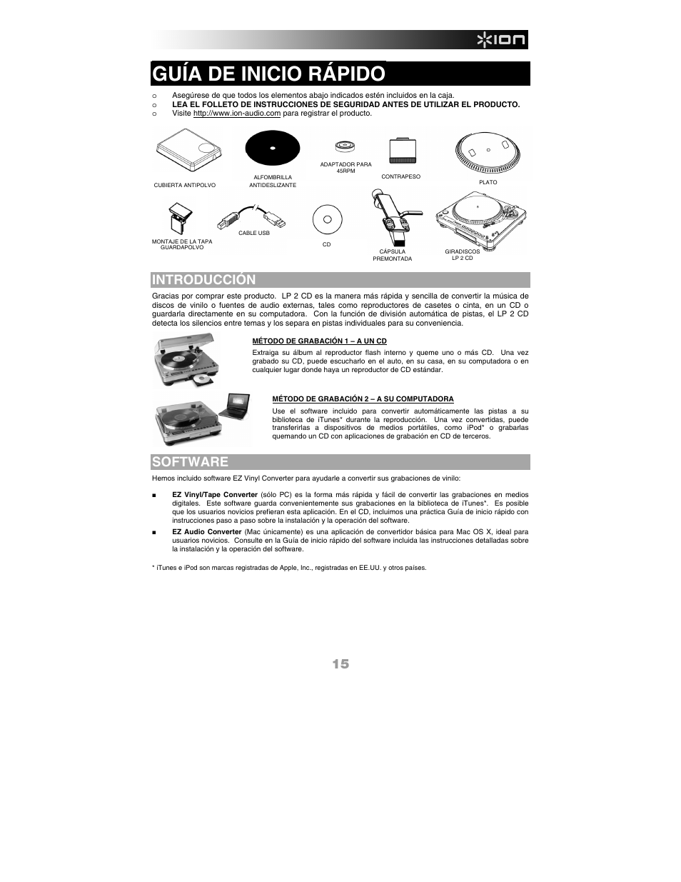 Español, Introducción, Software | Guía de inicio rápido | ION Audio LP 2 CD User Manual | Page 17 / 92