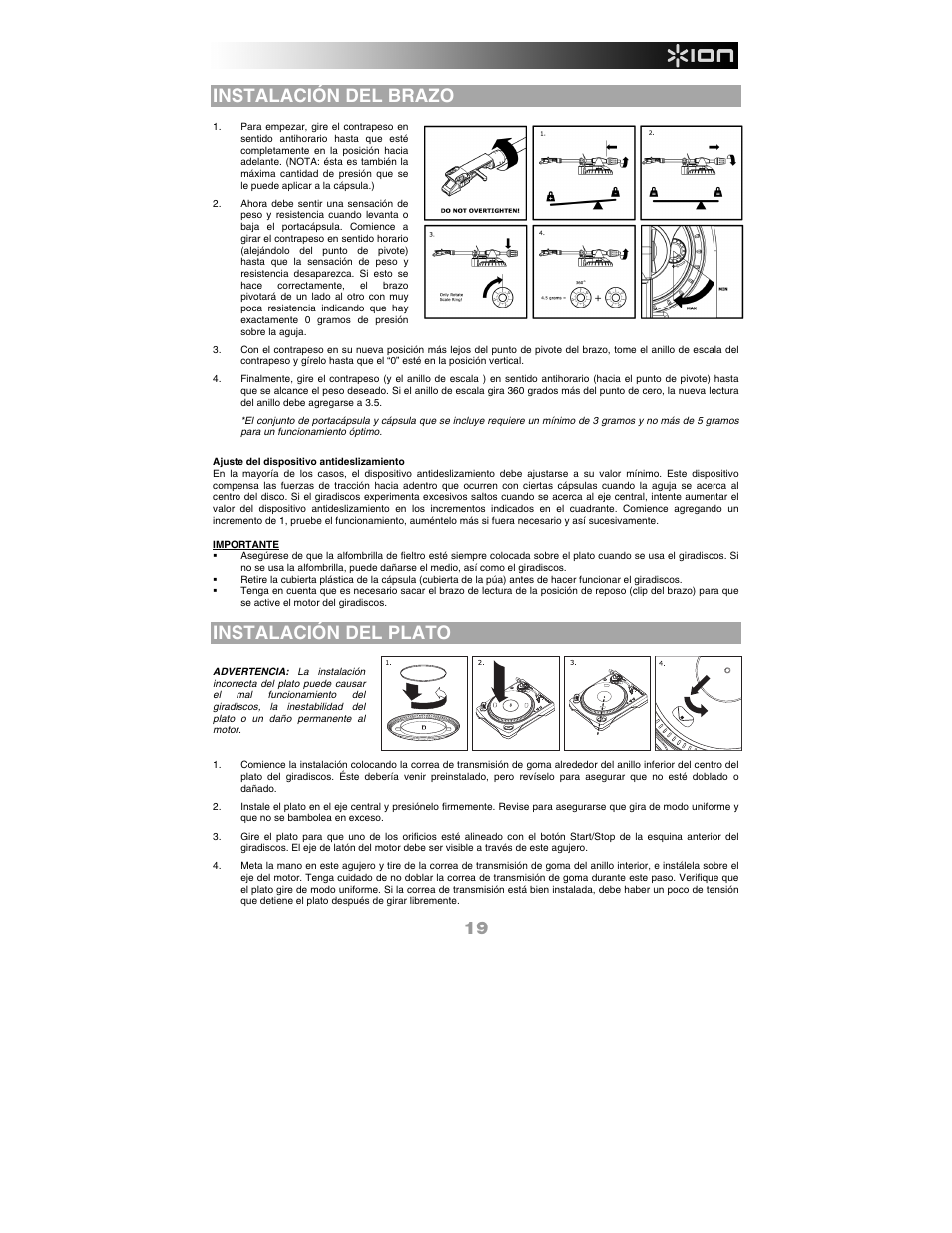 Instalación del brazo, Instalación del plato | ION Audio LP 2 CD User Manual | Page 21 / 92