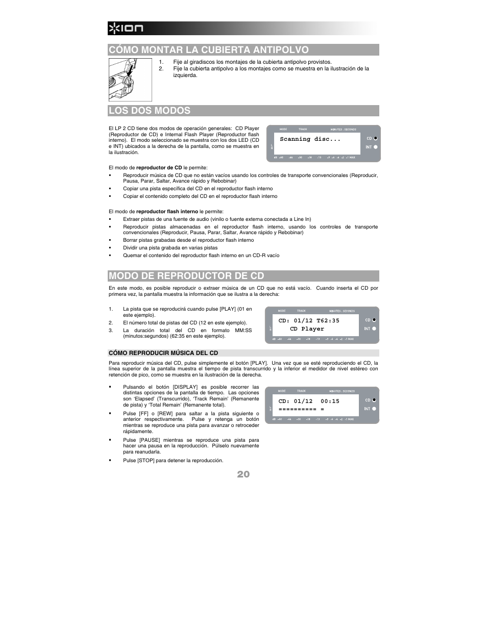 Cómo montar la cubierta antipolvo, Los dos modos, Modo de reproductor de cd | ION Audio LP 2 CD User Manual | Page 22 / 92