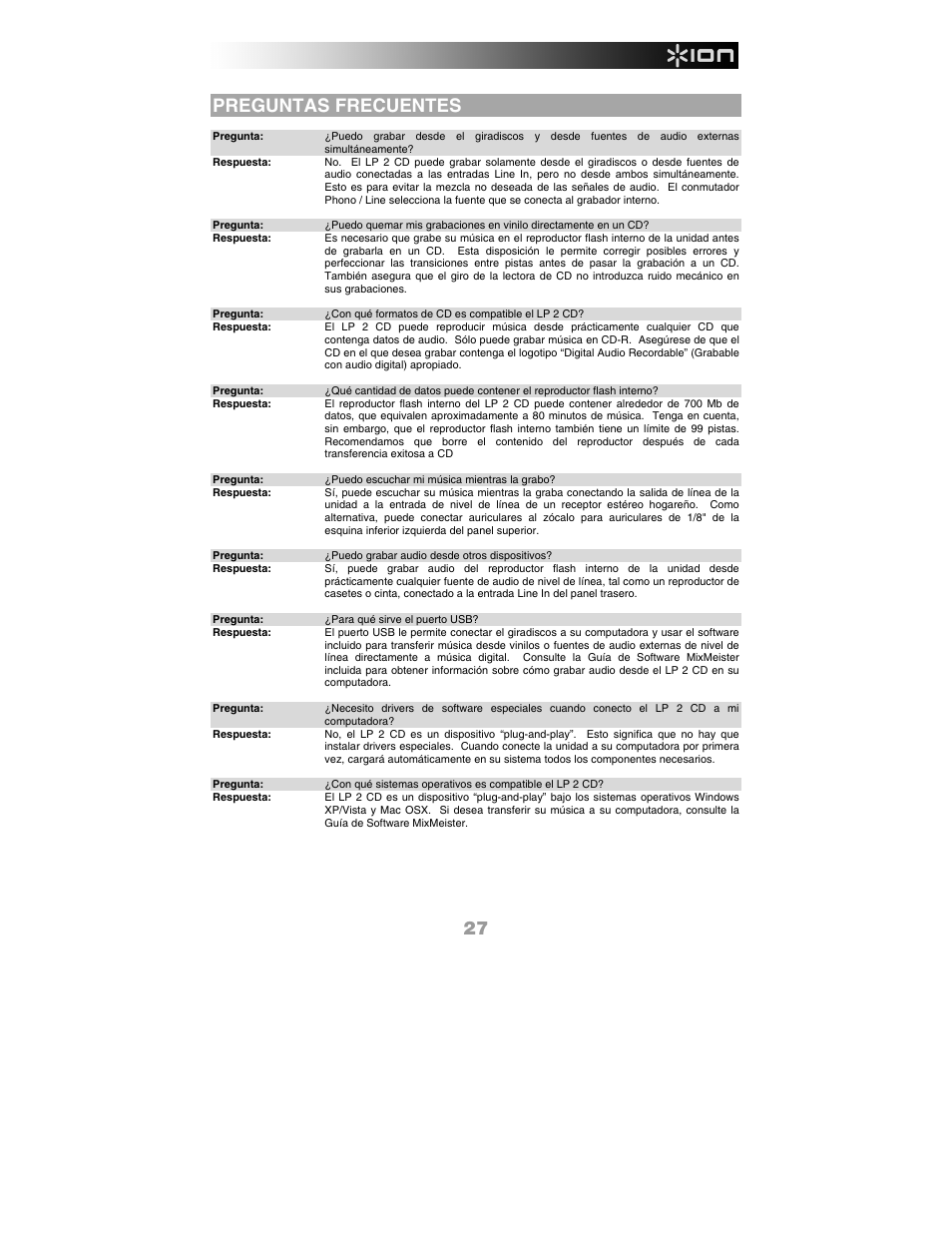 Preguntas frecuentes | ION Audio LP 2 CD User Manual | Page 29 / 92