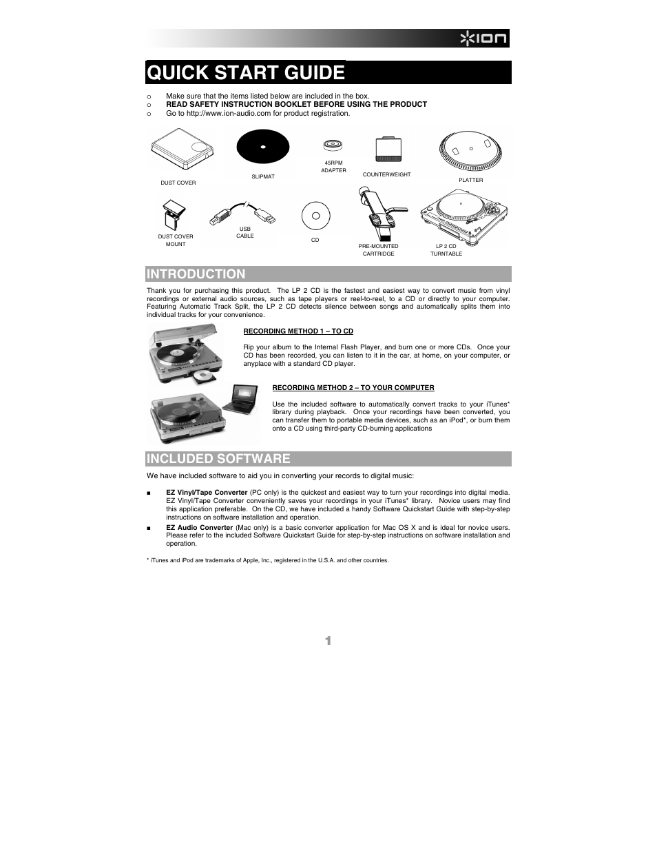 English, Introduction, Included software | Quick start guide | ION Audio LP 2 CD User Manual | Page 3 / 92