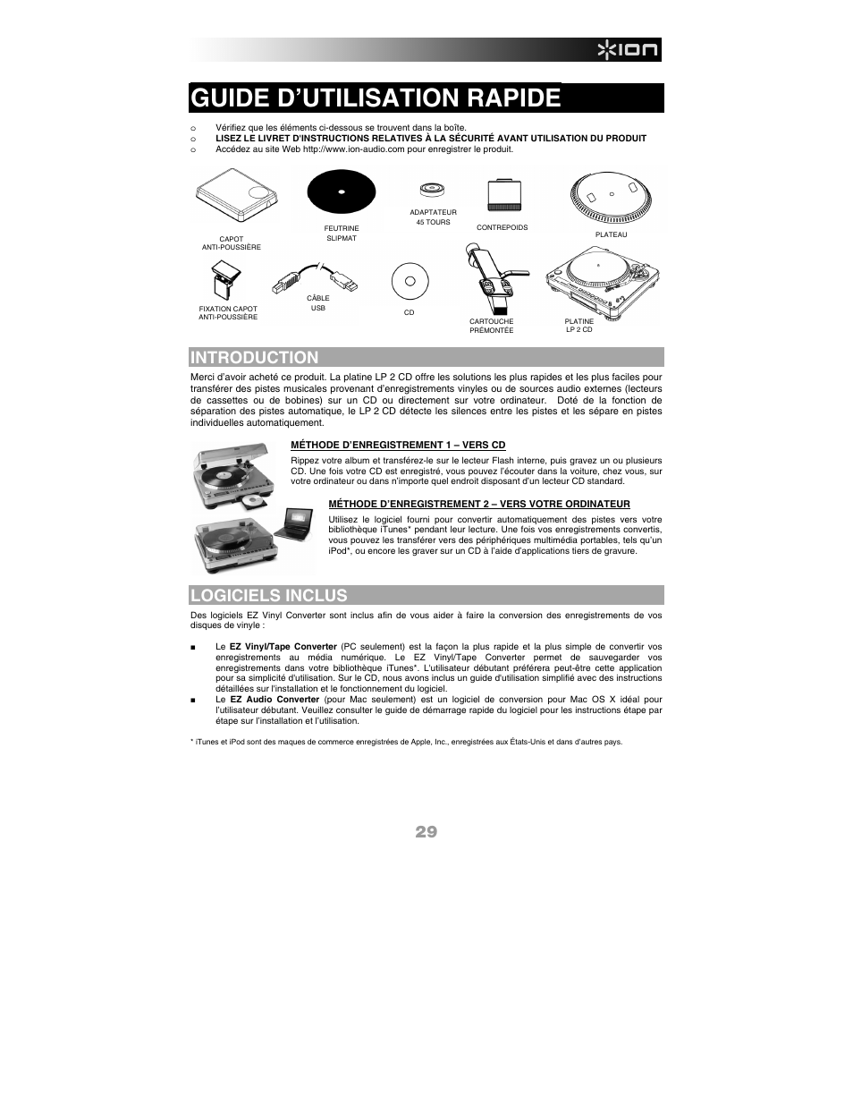 Français, Introduction, Logiciels inclus | Guide d’utilisation rapide | ION Audio LP 2 CD User Manual | Page 31 / 92