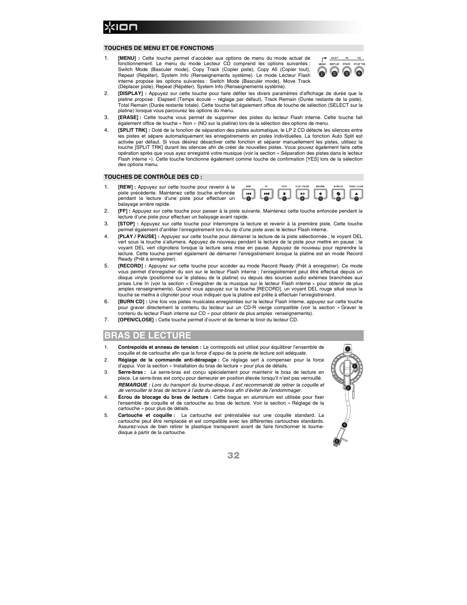 Bras de lecture | ION Audio LP 2 CD User Manual | Page 34 / 92