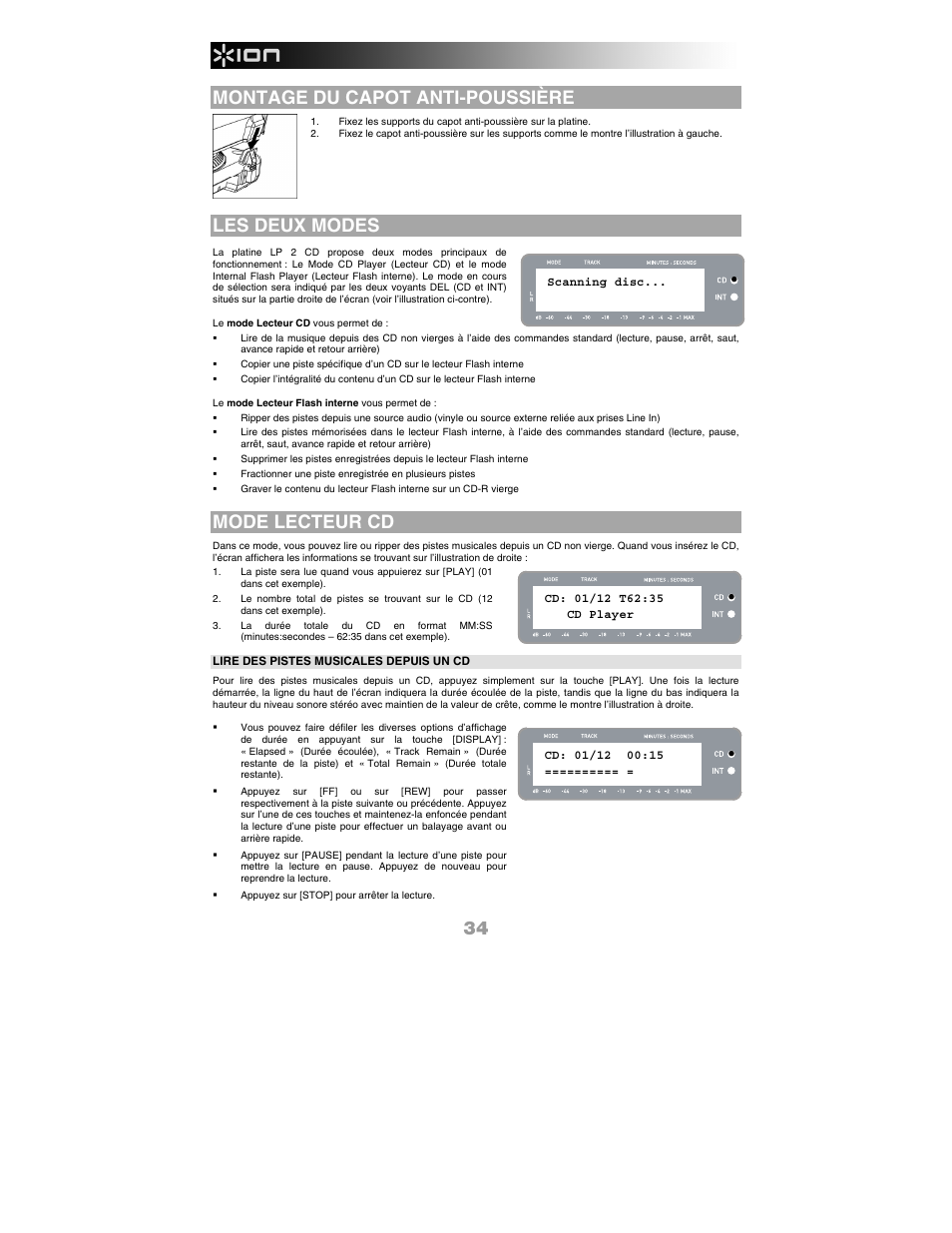 Montage du capot anti-poussière, Les deux modes, Mode lecteur cd | ION Audio LP 2 CD User Manual | Page 36 / 92