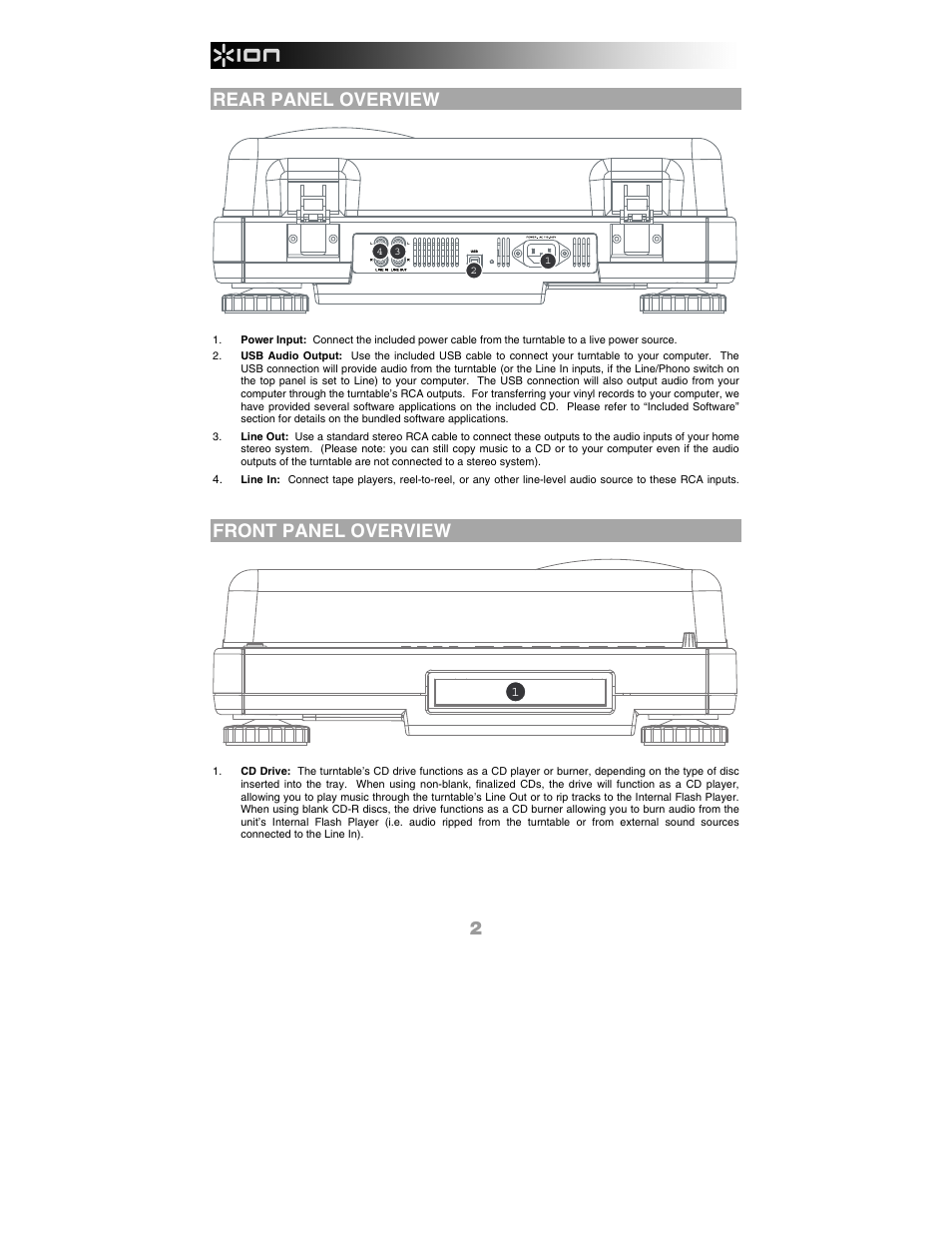 Rear panel overview, Front panel overview | ION Audio LP 2 CD User Manual | Page 4 / 92