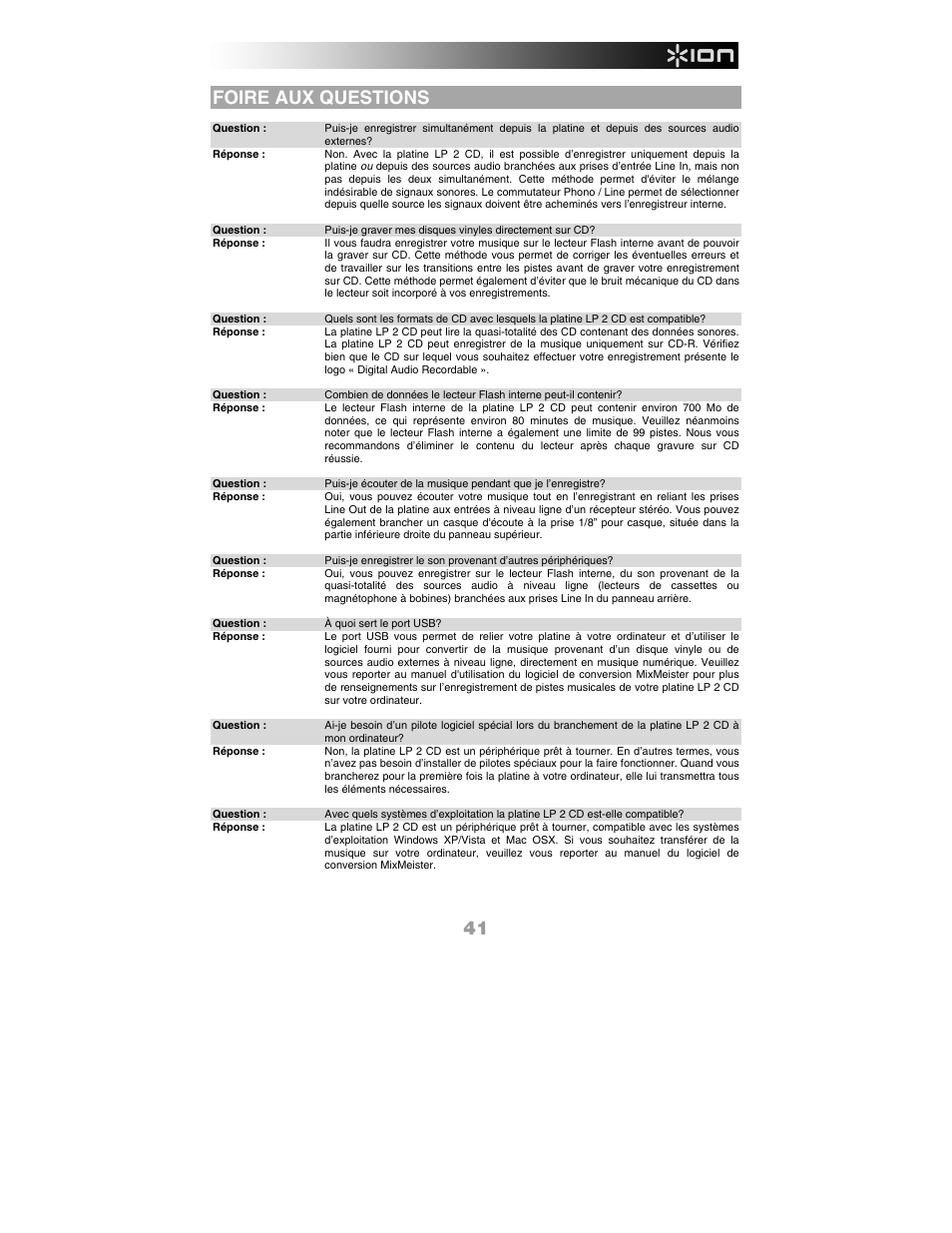 Foire aux questions | ION Audio LP 2 CD User Manual | Page 43 / 92