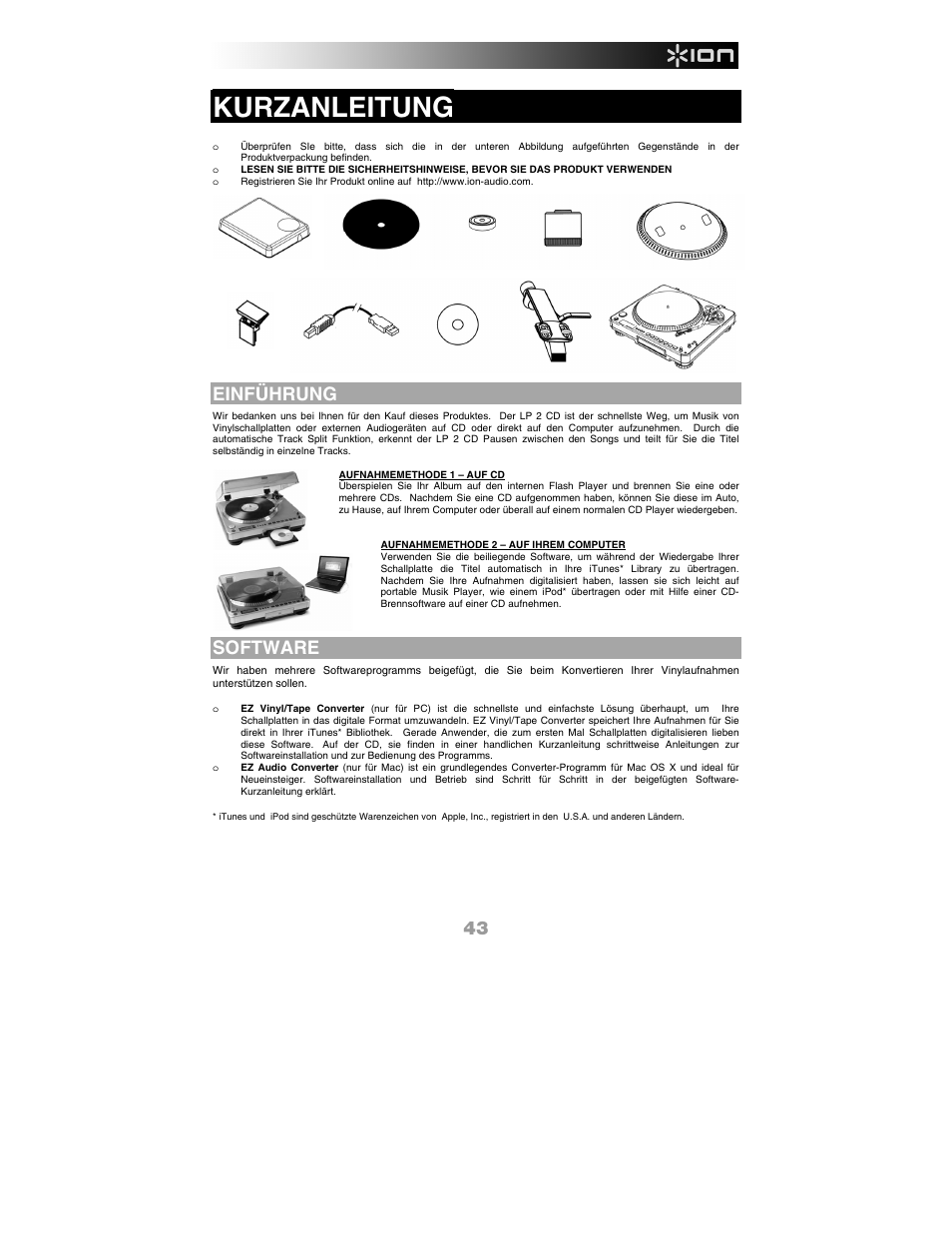 Deutsch, Einführung, Software | Kurzanleitung | ION Audio LP 2 CD User Manual | Page 45 / 92