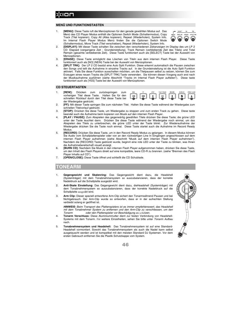 Tonearm | ION Audio LP 2 CD User Manual | Page 48 / 92