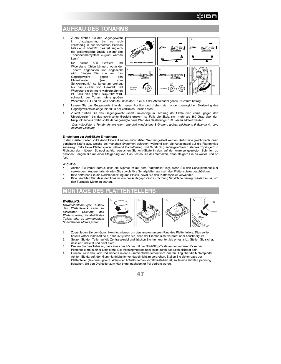 Aufbau des tonarms, Montage des plattentellers | ION Audio LP 2 CD User Manual | Page 49 / 92