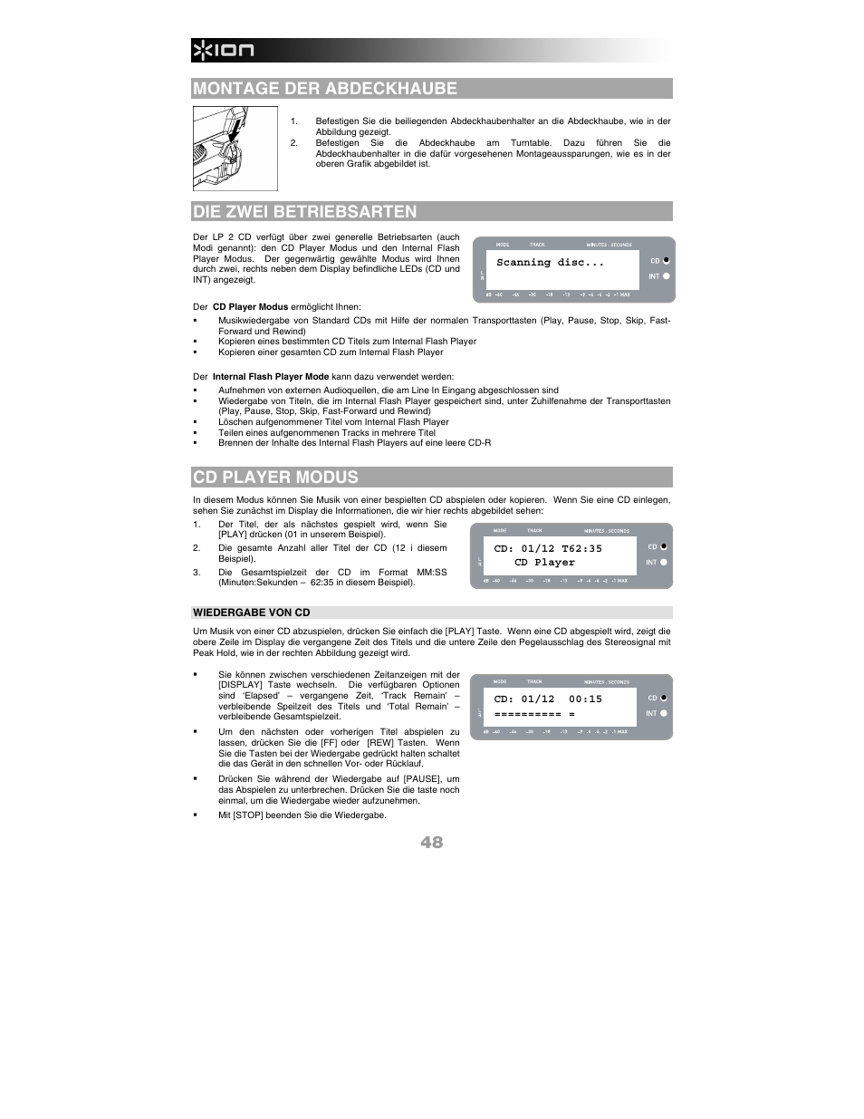 Montage der abdeckhaube, Die zwei betriebsarten, Cd player modus | ION Audio LP 2 CD User Manual | Page 50 / 92