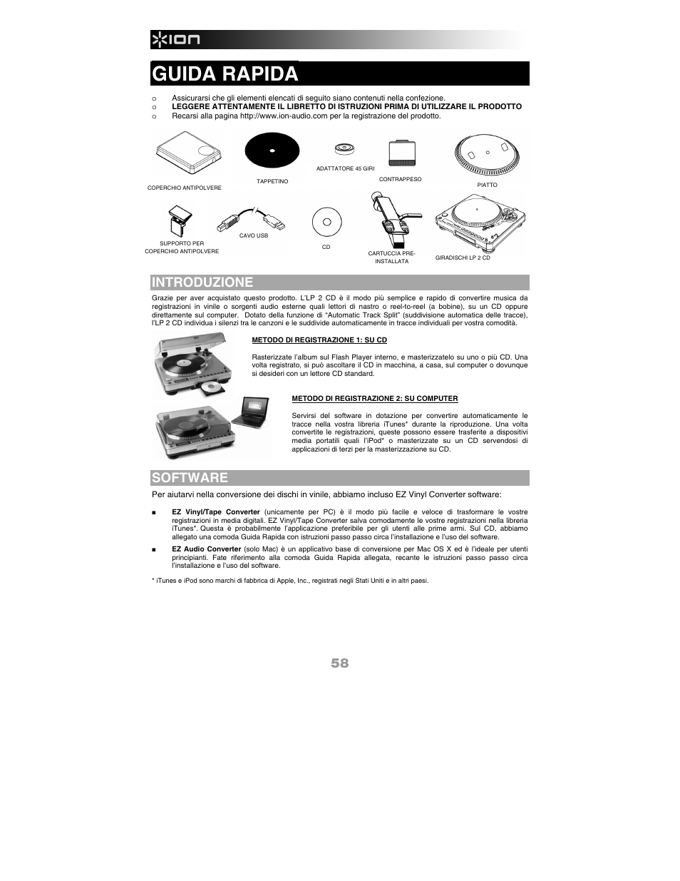 Italiano, Introduzione, Software | Guida rapida | ION Audio LP 2 CD User Manual | Page 60 / 92