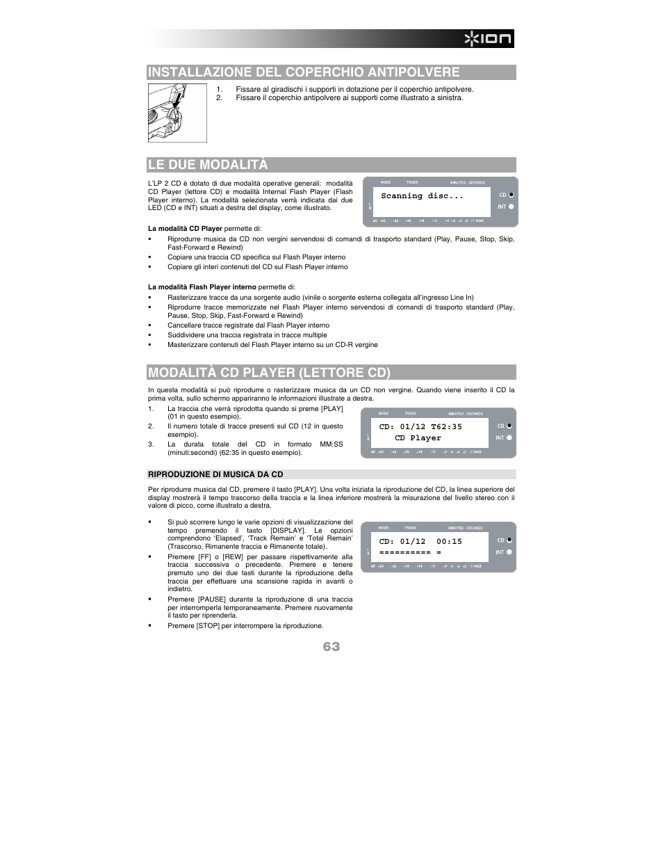 Installazione del coperchio antipolvere, Le due modalità, Modalità cd player (lettore cd) | ION Audio LP 2 CD User Manual | Page 65 / 92