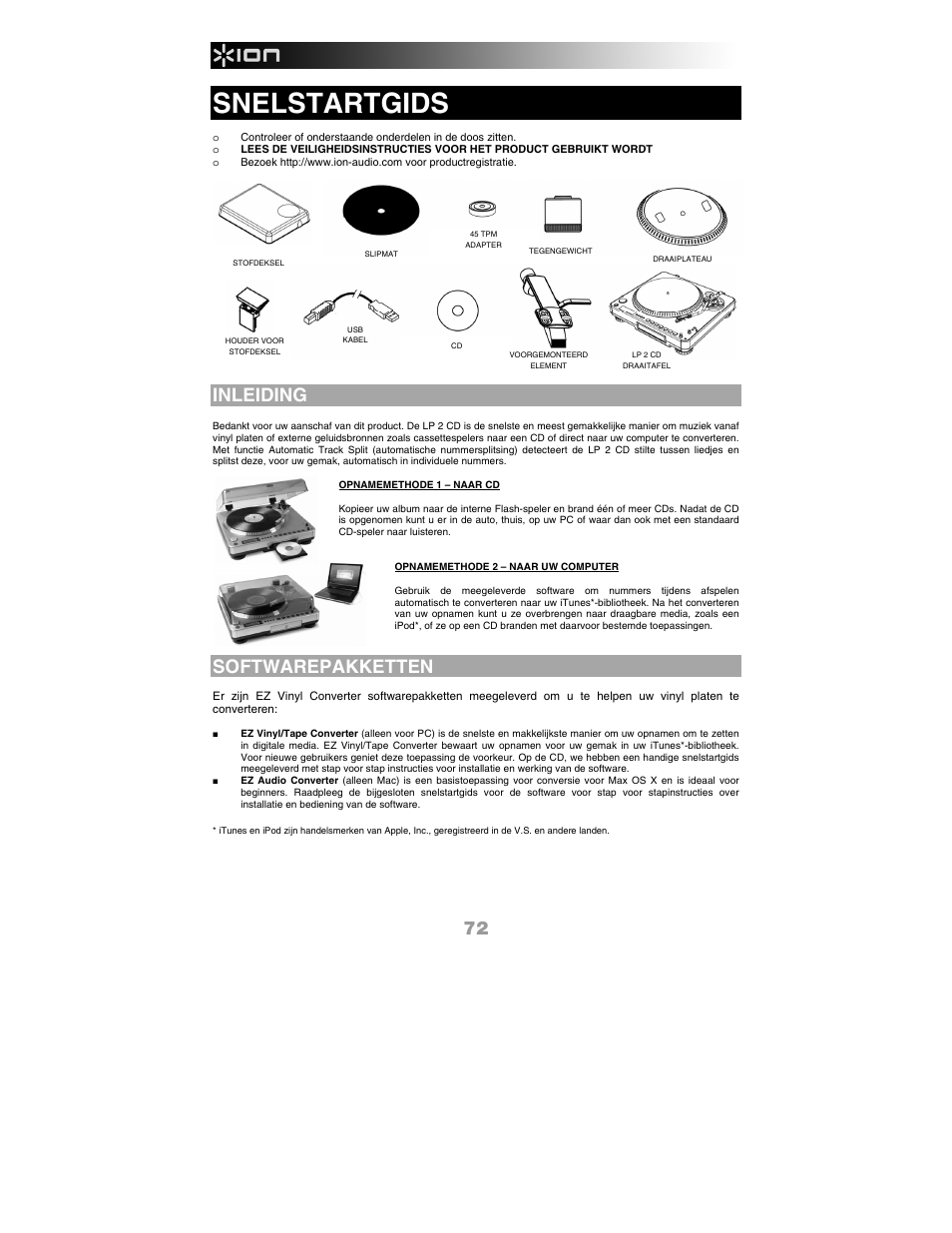 Nederlands, Inleiding, Softwarepakketten | Snelstartgids | ION Audio LP 2 CD User Manual | Page 74 / 92